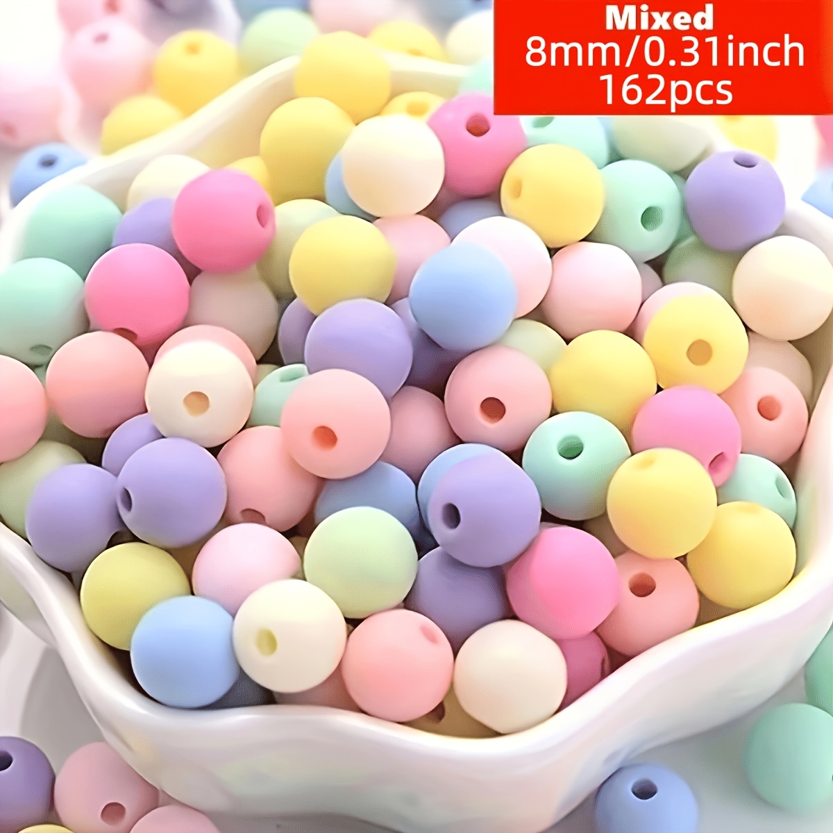 TEMU Lot de 162 perles rondes libres de 8 mm en acrylique dépoli - Couleurs douces mélangées, perles d'espacement rondes pour la fabrication de