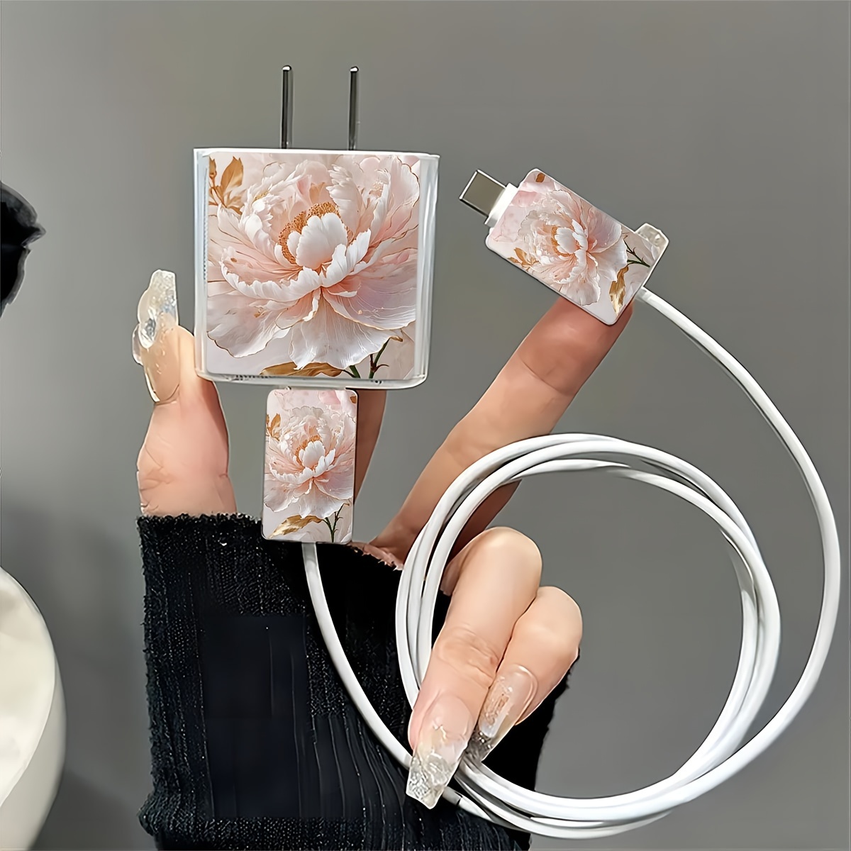 

3-piece Peony Flower Pattern Tpu Charger & Cable Protector Set For Iphone 13/14/15, Transparent 18w/20w Charger Cover Sleeve With Cable Protection Case - Durable Charging Accessory Kit, Ideal Gift