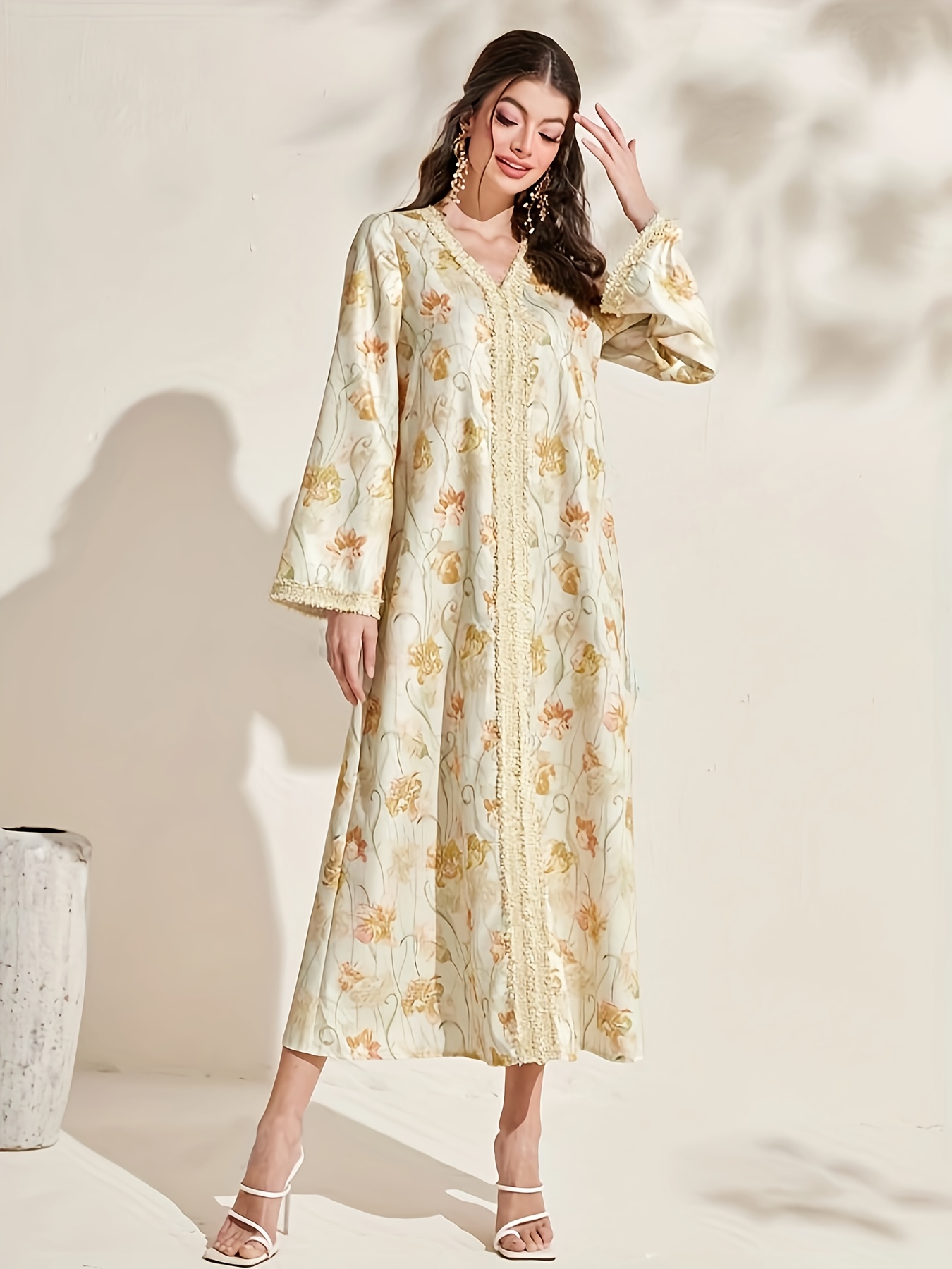 floral print lace trim v neck maxi dress Bohemian Print Sequin Lace Trim Maxi Dress – STEVEN WICK