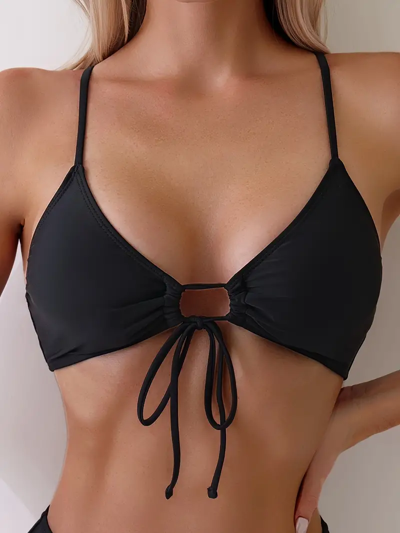 Solid Color Sexy Bikini Top, V Neck Tie Front Stretchy Swimming Top Bra,  Women's Swimwear & Clothing