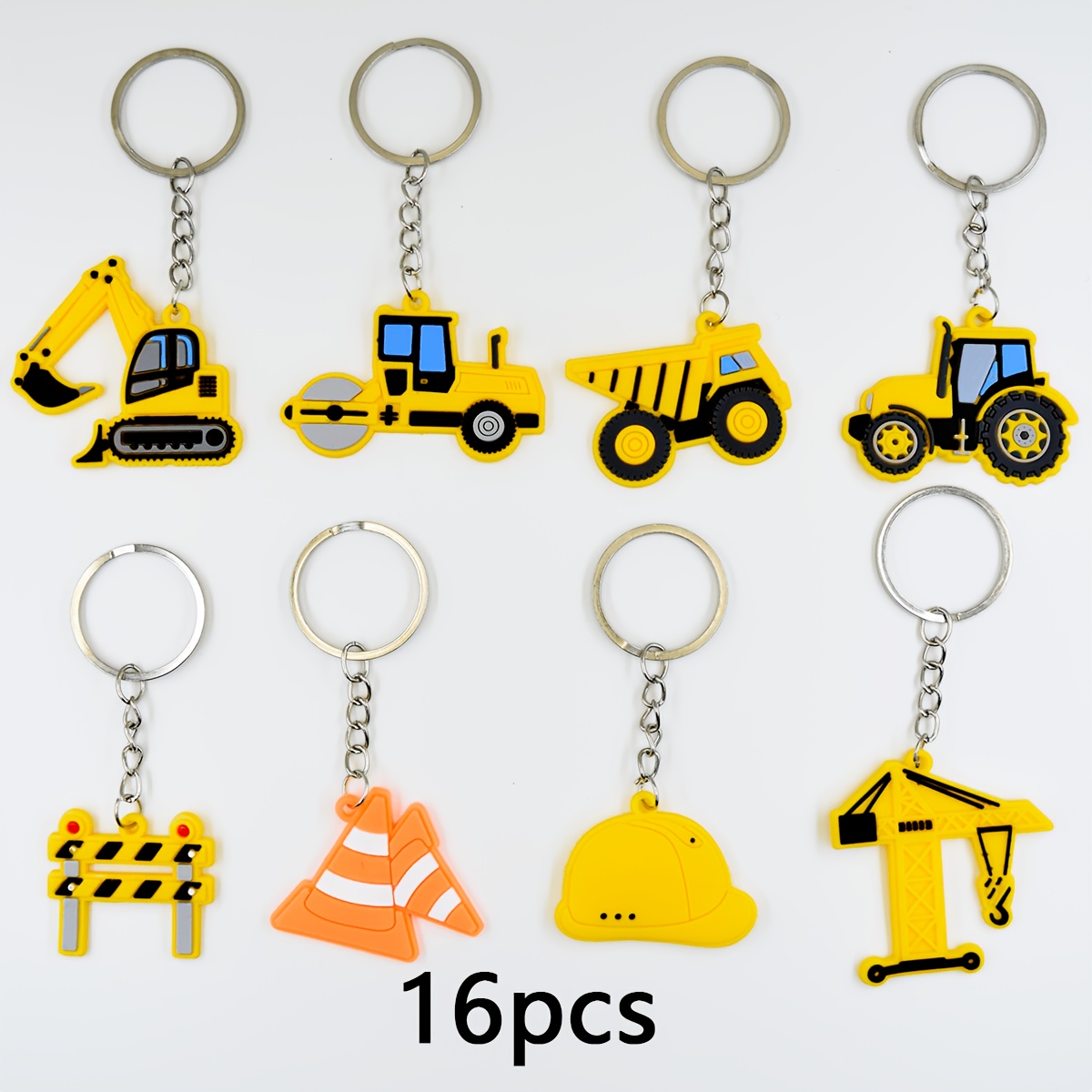 TEMU 2d Flat, Gift For Her/him 16 Engineering Vehicle Keychains, 2d Cartoon Soft Building Themed Keychains, Keyring Packs, Themed Party Gift Fillers,