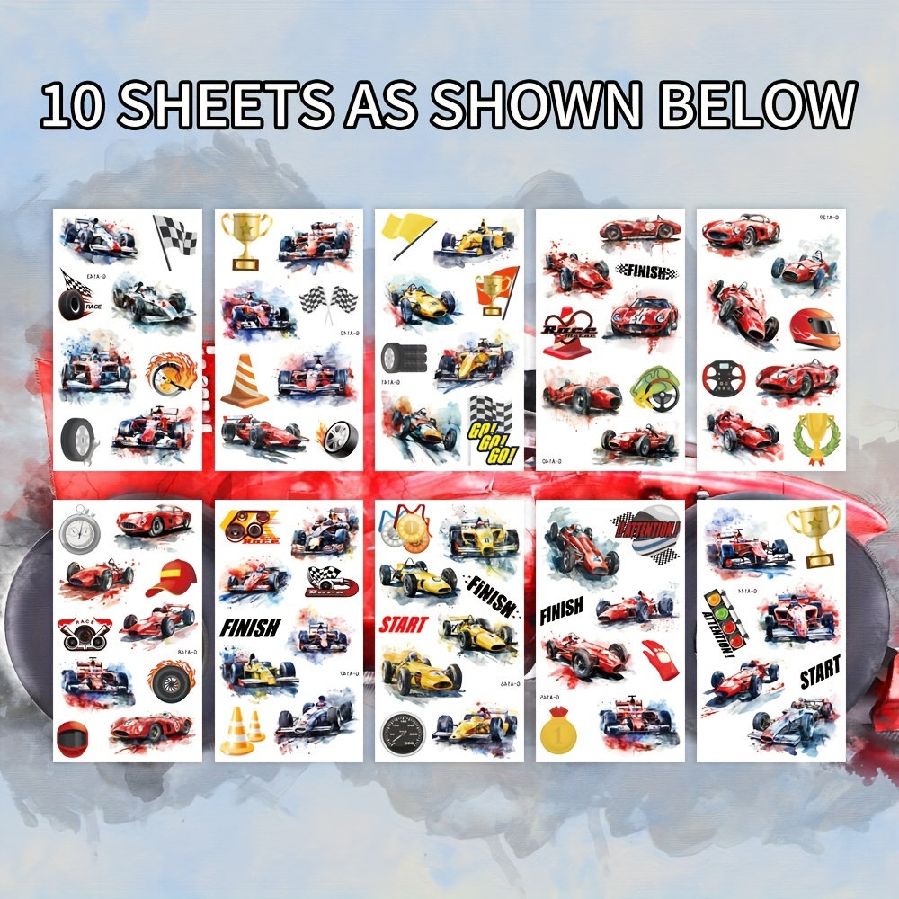 Image of 10pcs Vibrant Watercolor Racing Car Tattoo Stickers - Realistic Red, Sports Cars With "finish" Design - Perfect For Birthday Party Decorations & Body Art, Car Accessories