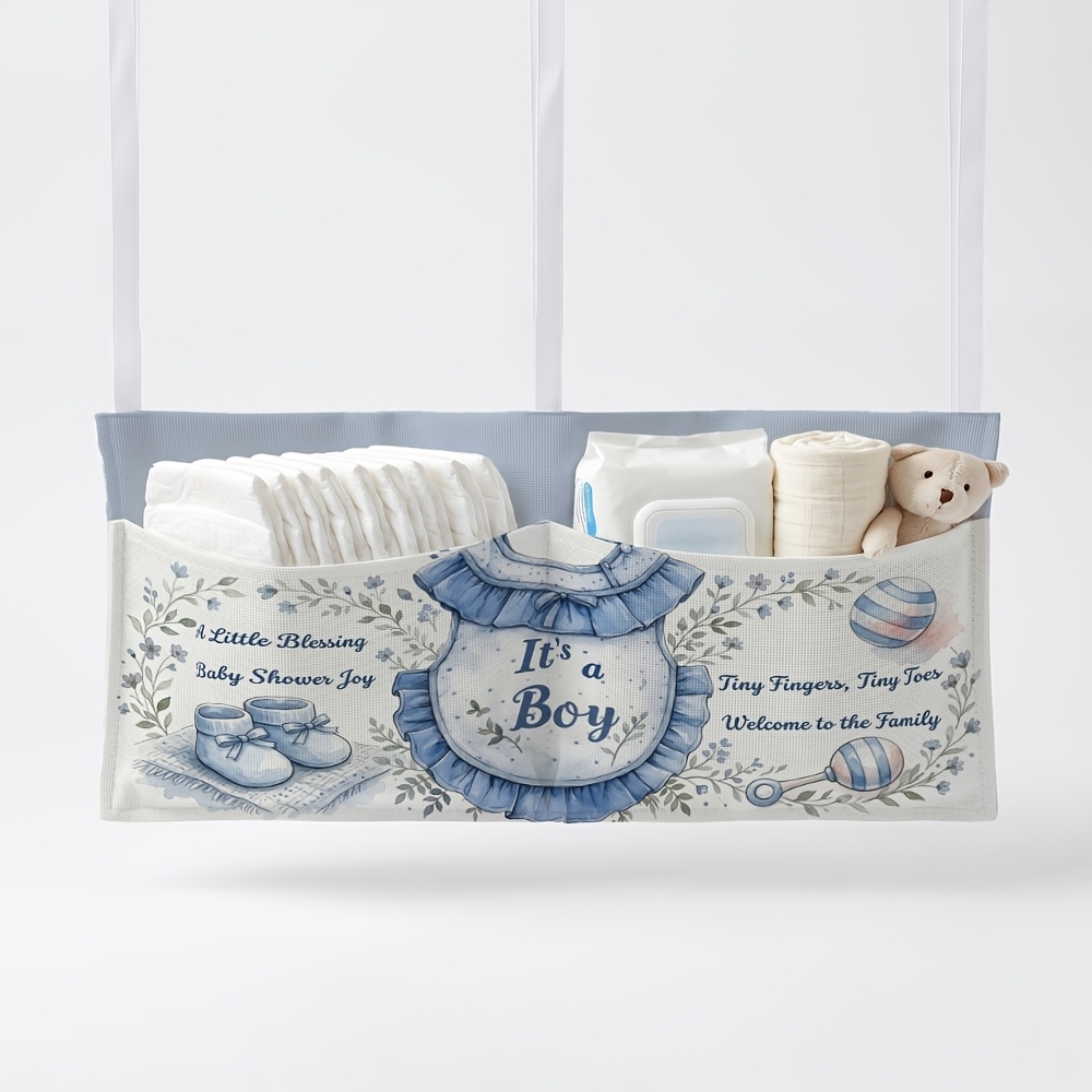 TEMU 1pc Hanging Organizer Blue Bib & Shoes & A Diaper Storage Bag For Stroller, Bedside Storage Bag, Diaper And Wet Wipes Hanging Organizer,