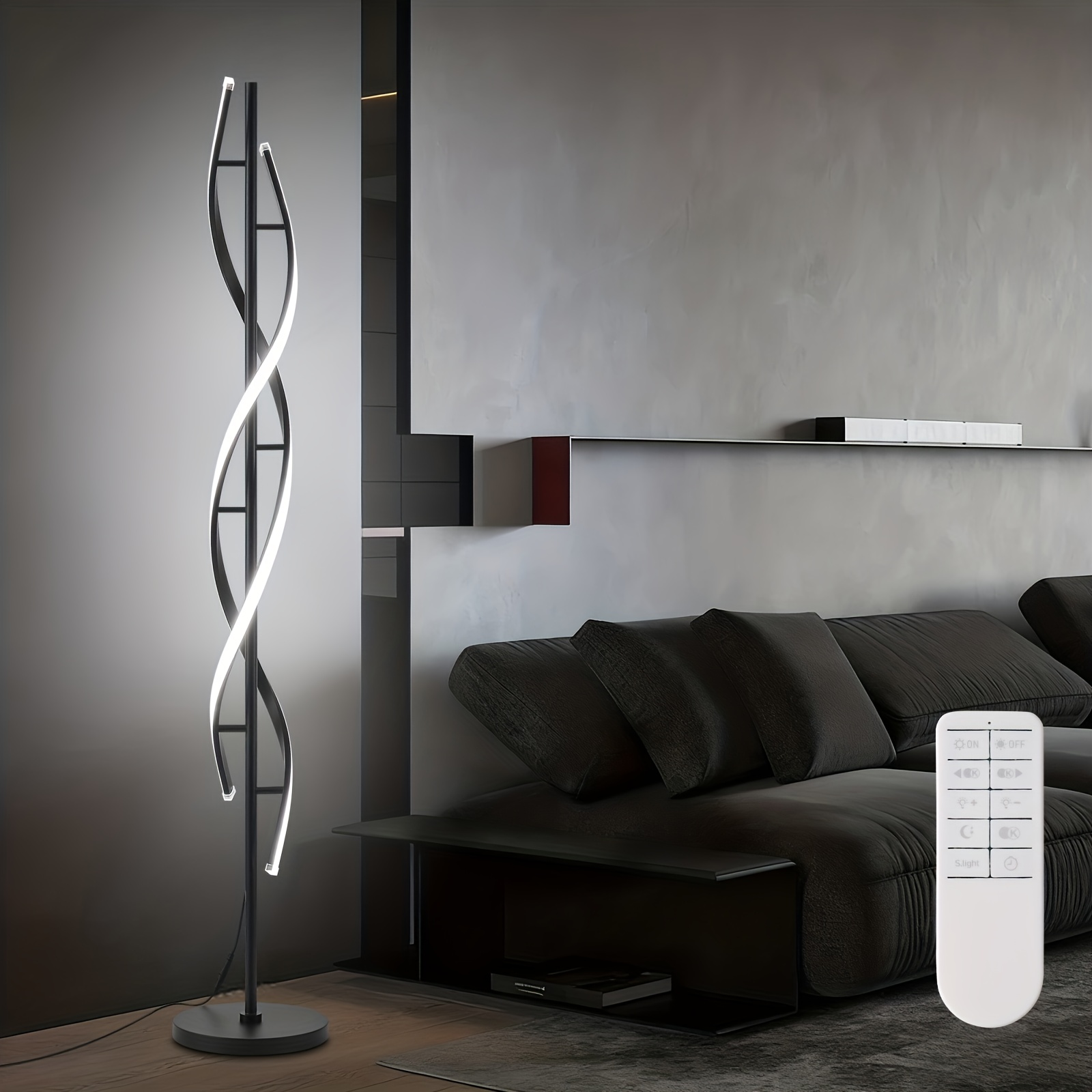 TEMU Lampe de sol spirale LED moderne 60", 3 températures de couleur et de luminosité, lampe de sol d'angle noire/blanche, lampes de lecture de sol à