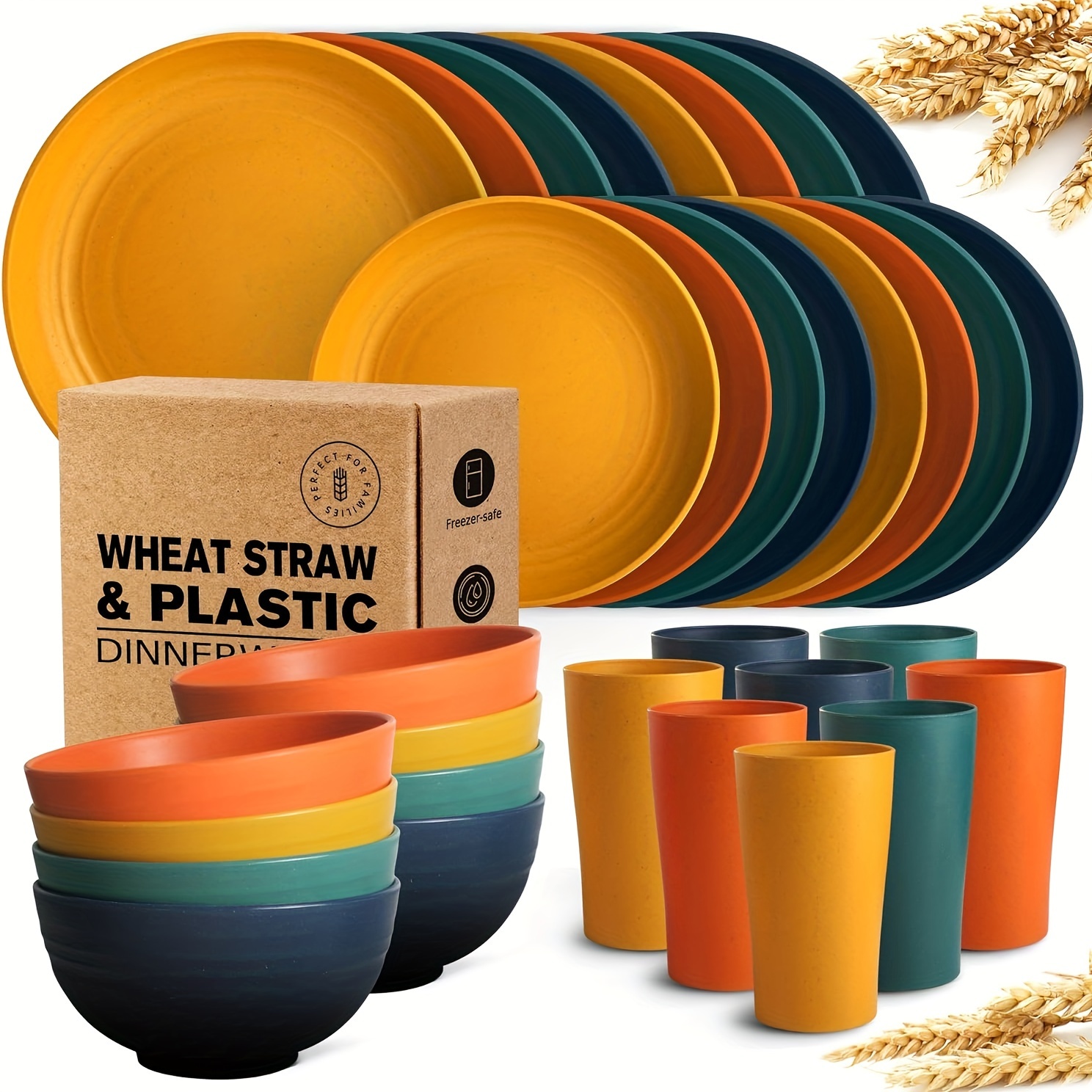

32-piece Kitchen Plastic Wheat Straw Dinnerware Set, Service For 8, Dinner Plates, Dessert Plate, Cereal Bowls, Cups, Unbreakable Colorful Plastic Outdoor Camping Dishes, Autumn Multicolor