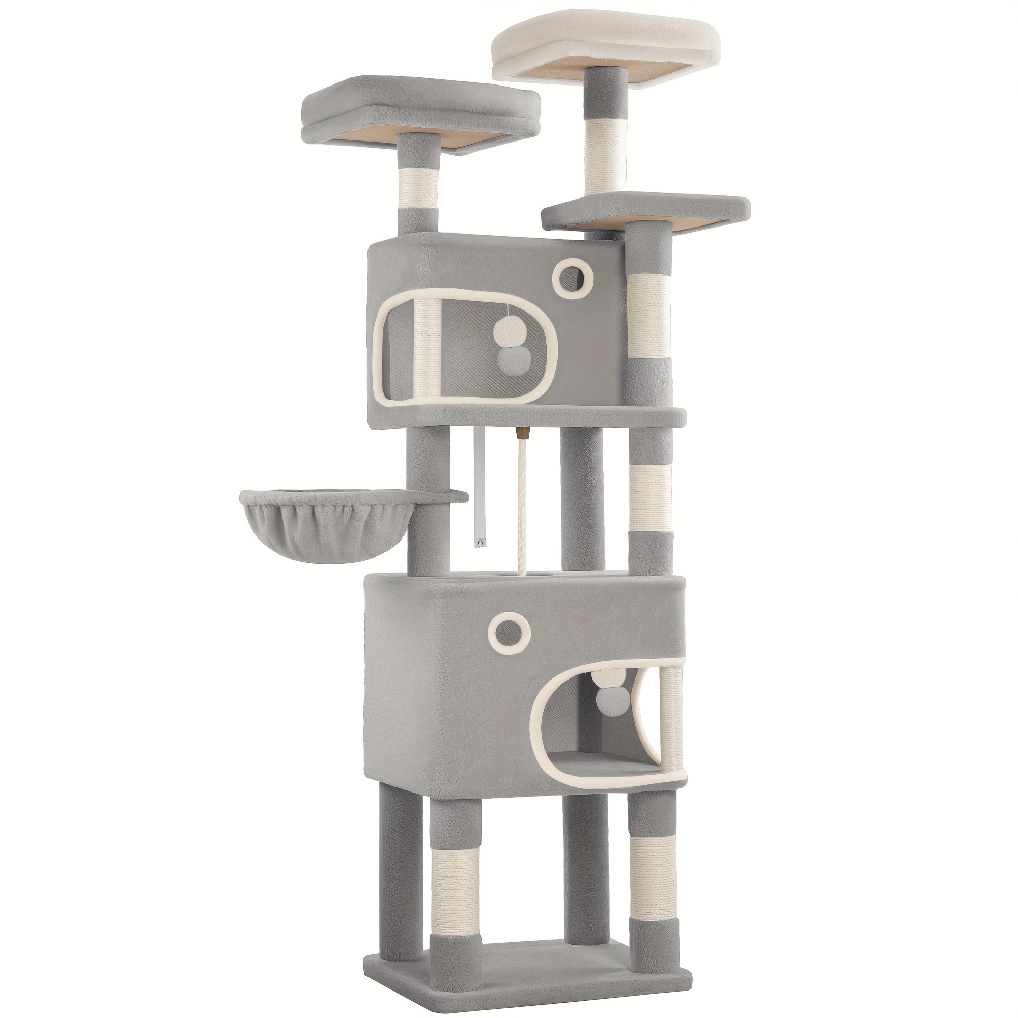 TEMU Cat Tree, 180cm Cat Tree With 8 Scratching Posts, 3 Platforms, 2 Caves, Basket, Plush Balls, Sisal Rope, Suitable For Cats Of Sizes, Beige/light