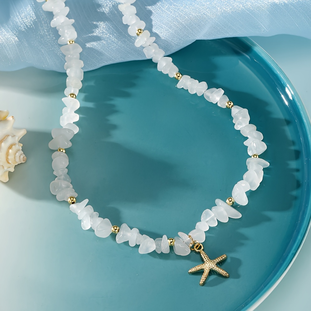 TEMU Women's Bohemian Style Fashionable And Versatile Irregular Starfish-inspired Pebble Necklace, Suitable For Wearing On Vacations Or To Parties, A