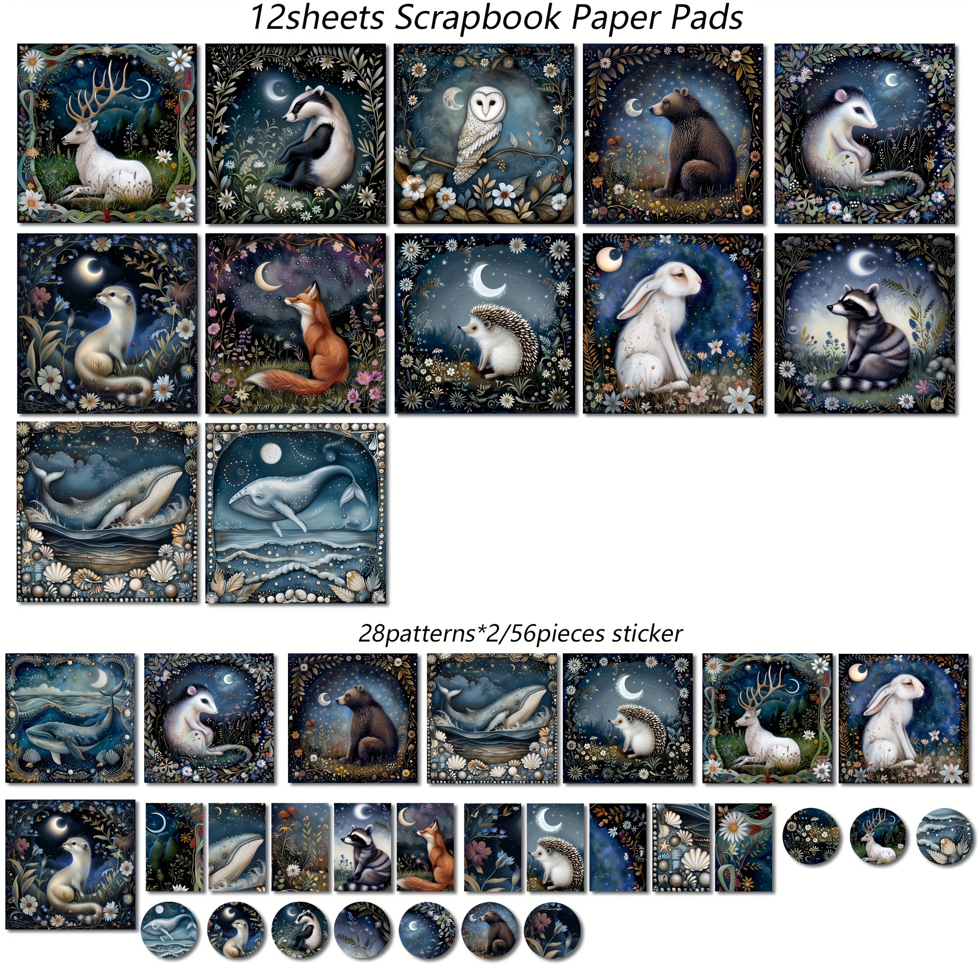 Image of 68pieces(12papers+56stickers) Moonlight Animals Ephemera Set, Bullet Journals,arts Crafts,scrapbooking Supplies,junk Journal Kits,diy Crafts,background Pad,greeting Card