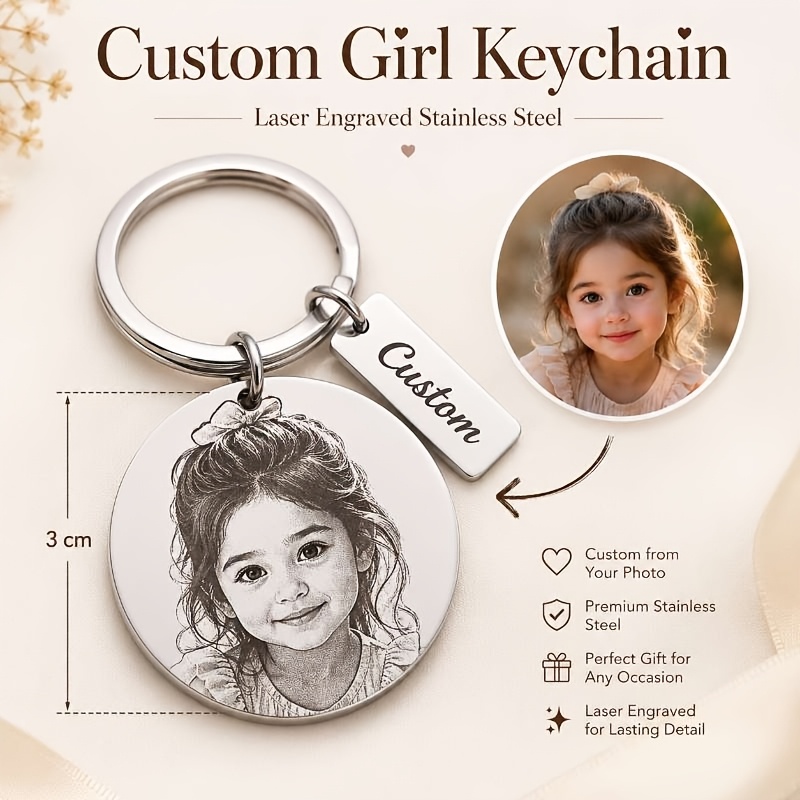 TEMU 1pc Personalized Custom Round Stainless Steel Keychain, Laser Engraved Photo & Text, Diy Decorative Clasp, Unique Keepsake Gift For Family &