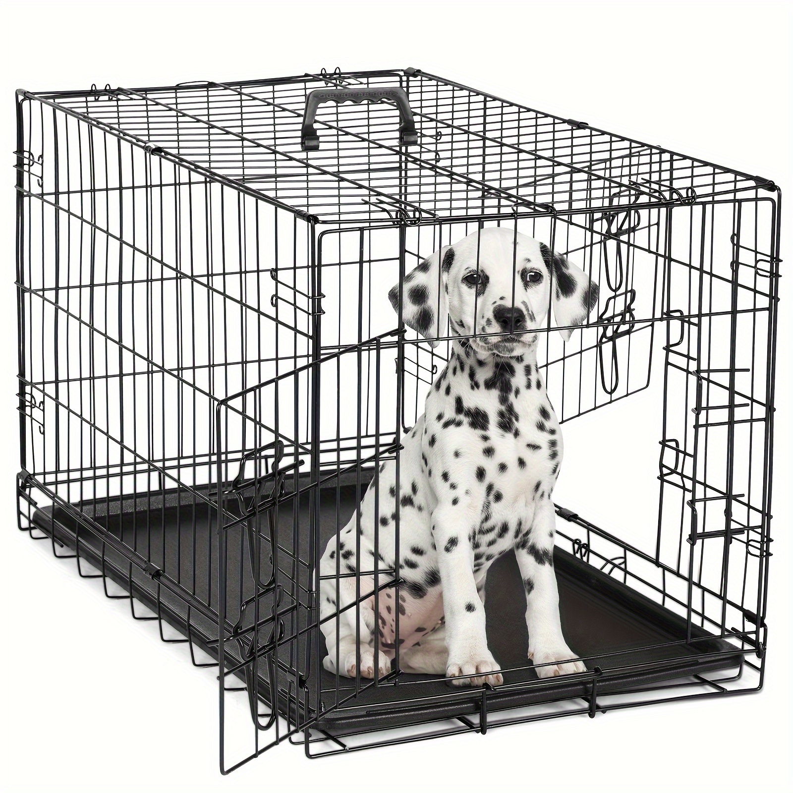 TEMU 1pc Double Door Metal Dog Crate With Leak-proof Tray - Foldable For Indoor/outdoor Use, Portable Handle & Divider, Rectangle Design, Construction, Non-upholstered, ≥27" Height