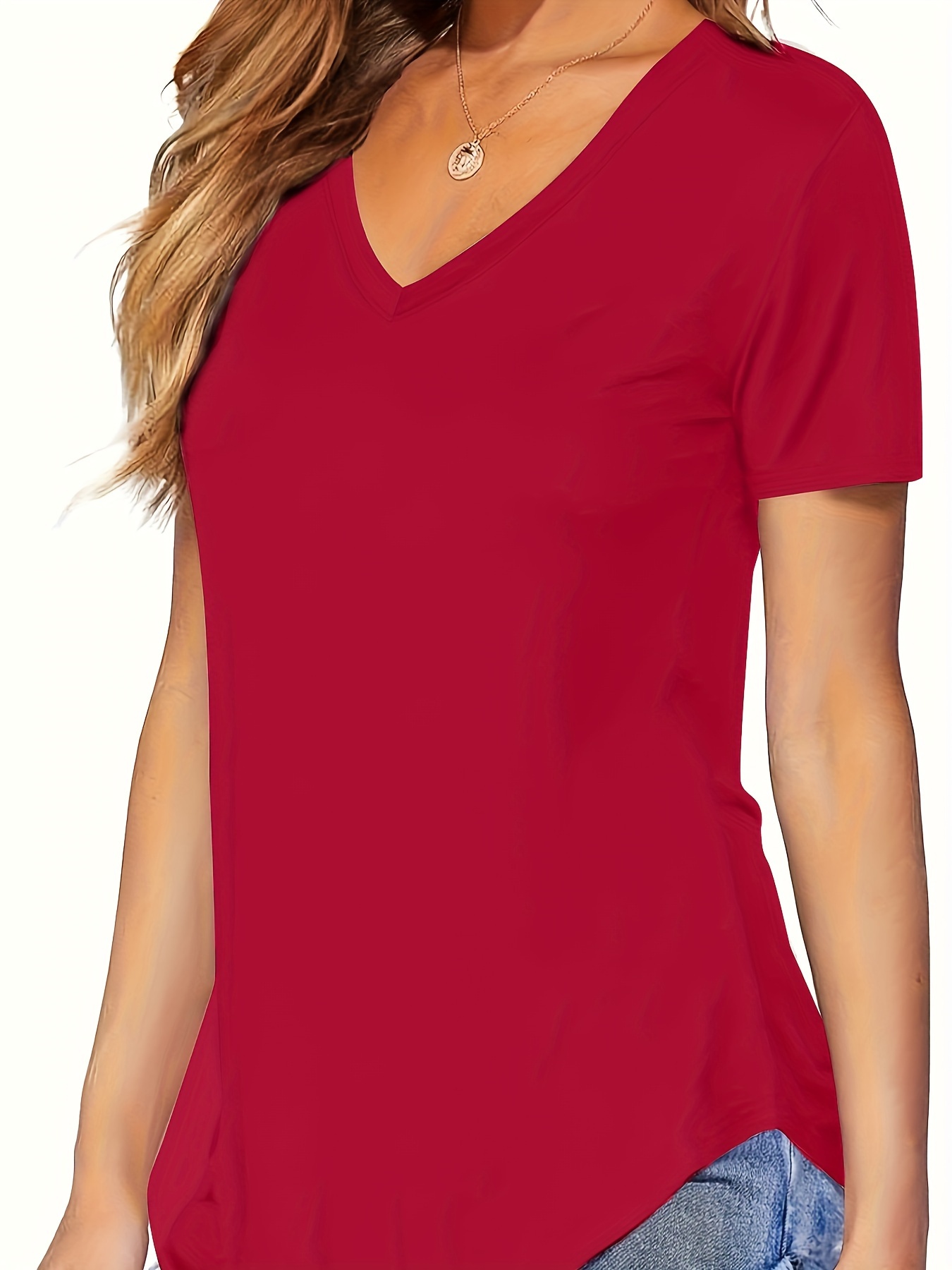 Solid Color Casual Short Sleeve T-shirt, V-Neck Running Sports Tee, Women's Activewear