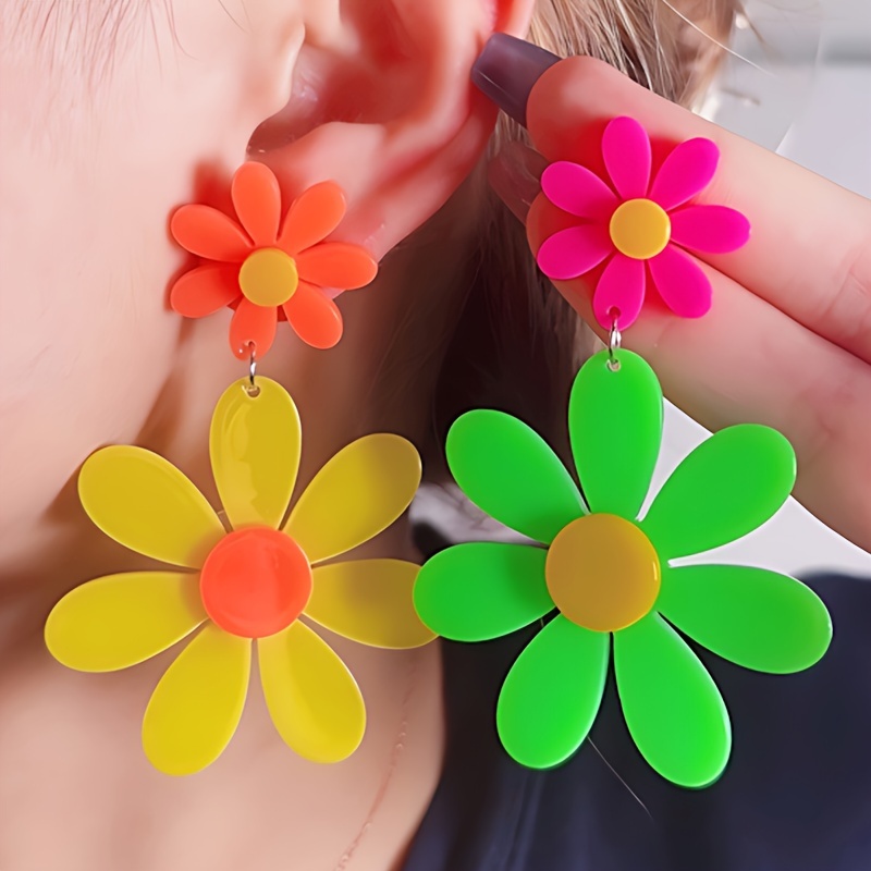 

Fluorescent Sunflower Acrylic Dangle Earrings - Stainless Steel Posts, Vacation & Parties