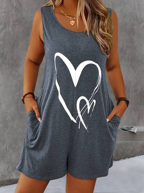womens elegant heart print sleeveless jumpsuit round neck pocket romper with medium washable versatile outfit casual attire trendy graphic romper