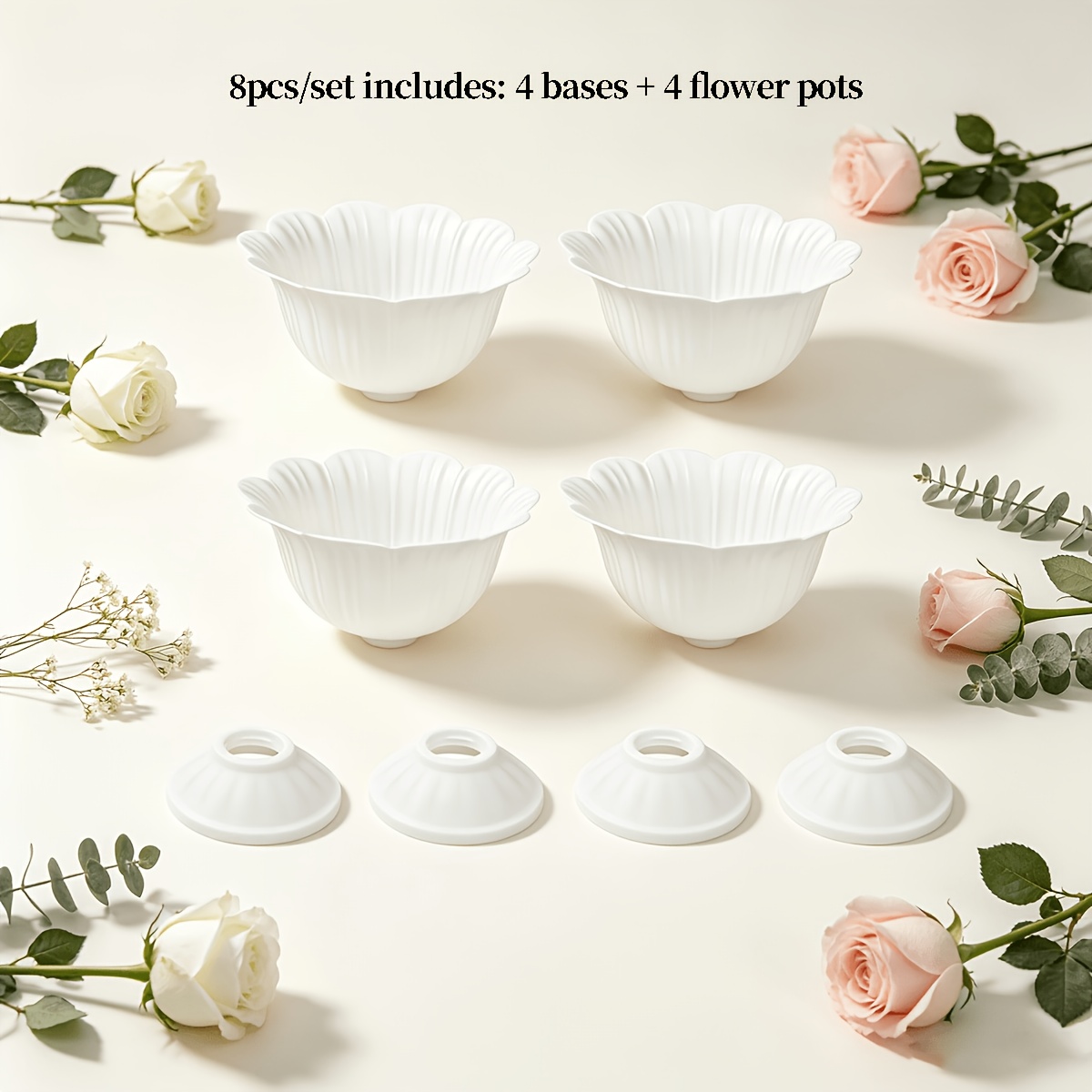 TEMU Ensemble de 8 pièces de pots de fleurs décoratifs de pétale de style français, comprenant 4 soucoupes + 4 pots, vases décoratifs de table pour