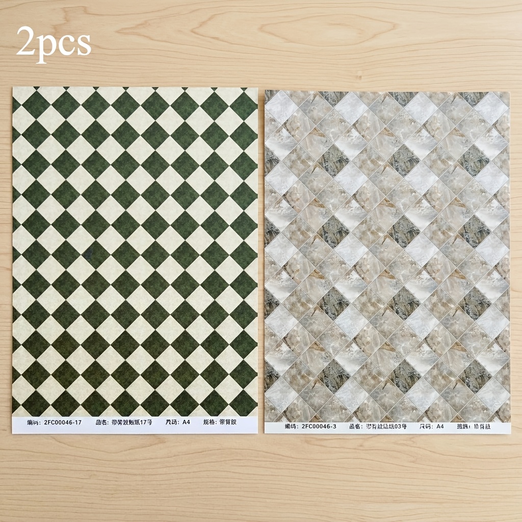 TEMU 2pcs A4 Size Self-adhesive Backing Model Decorative Stickers, Checkered And Marble Patterns, Suitable For Miniatures And Scenes