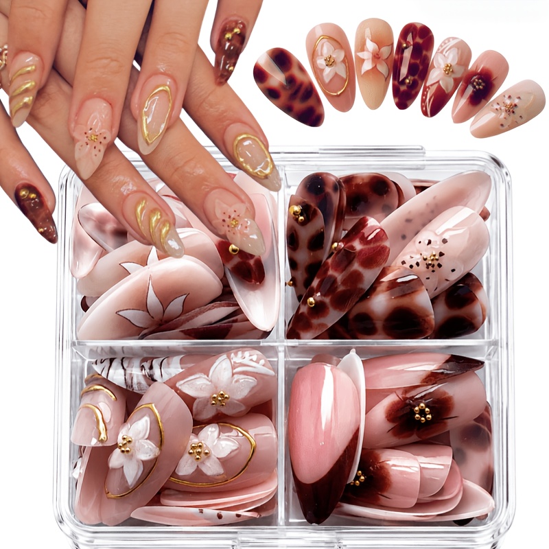 TEMU 4 Styles 96pcs Medium Long Almond Press On Nails Set Red Floral Leopard Polka Dot Design Reusable Fake Nails Nail Tips Press On Nails Nail Kit