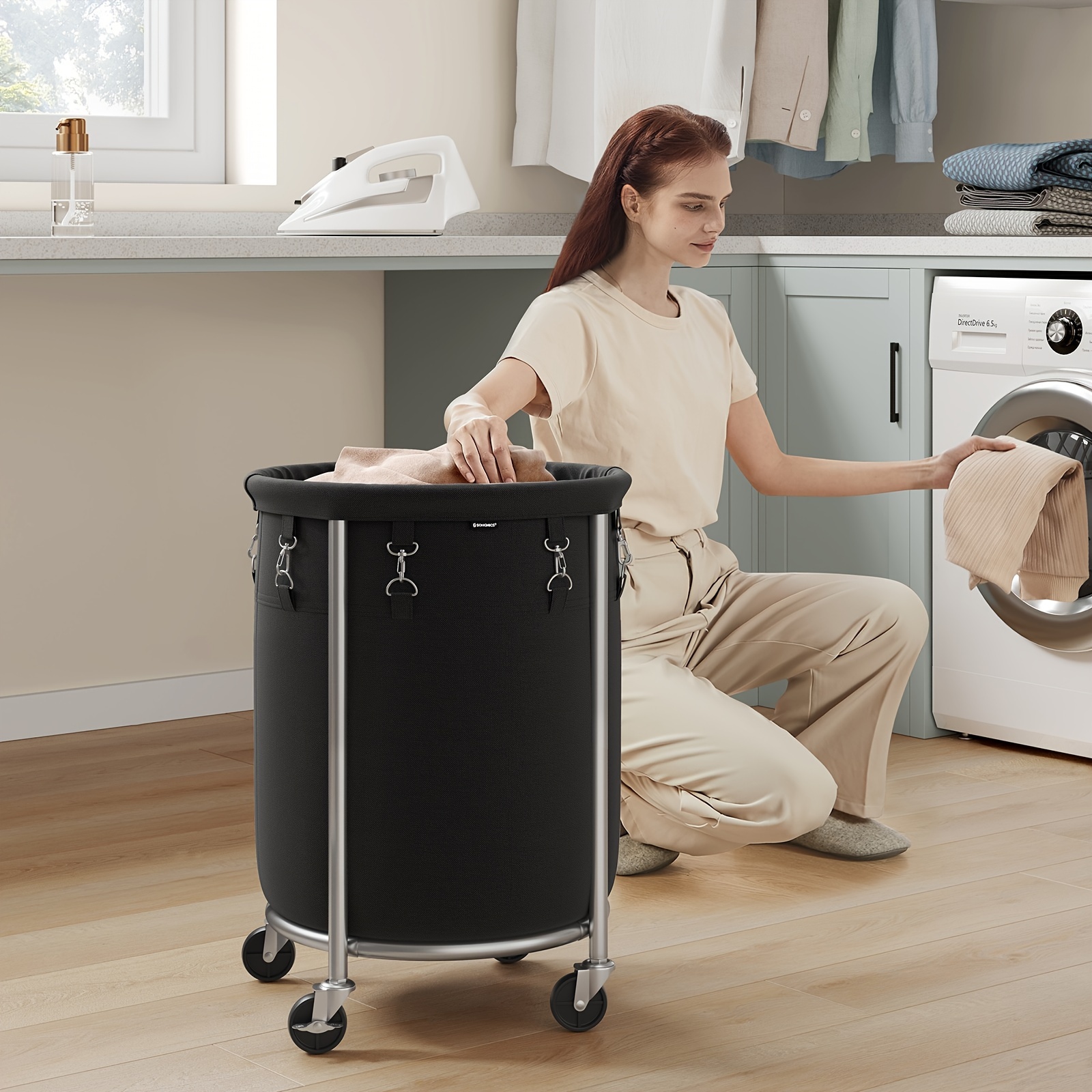 

1pc Household Round Laundry Basket With Wheels, Rolling Laundry Hamper Organizer, 18.5 Gal., Large Capacity Laundry Cart, With Steel Frame And Removable Bag, 4 Casters And 2 Brakes