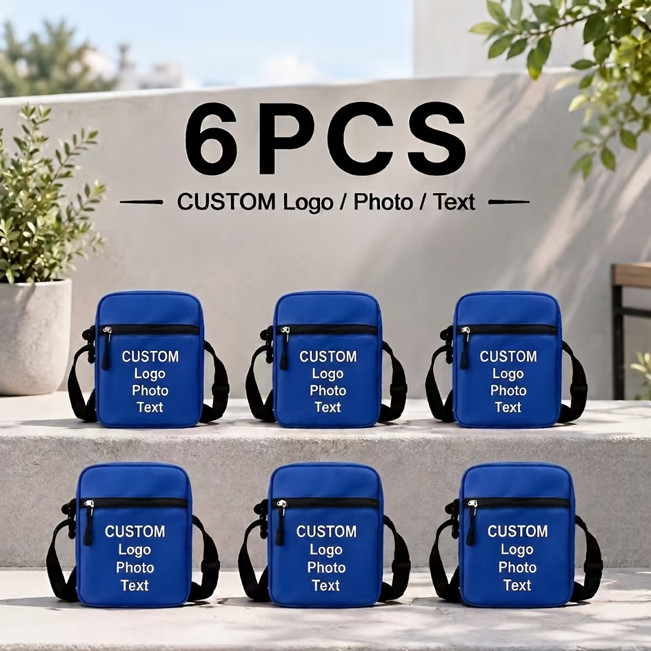 TEMU Juego de 6 piezas de bolso pequeño cruzado personalizable de tela Oxford, bolso portátil de un solo con foto/logo/texto impreso, bolsa de regalo