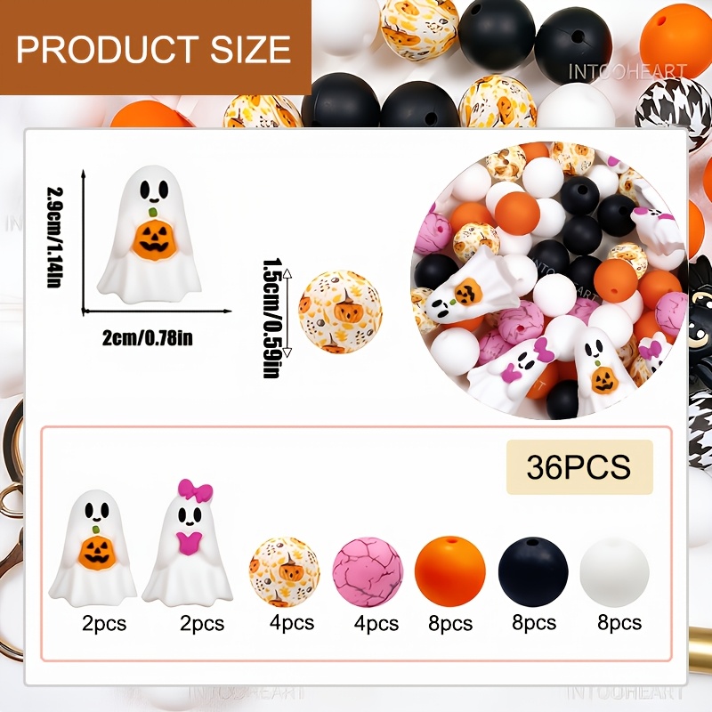 TEMU 36pcs Halloween Elements Silicone Bead Set, 3d Pumpkin Handmade Craft Beads, For Bead Pens, Bracelets, Necklaces, Bag Embellishments And Decor,