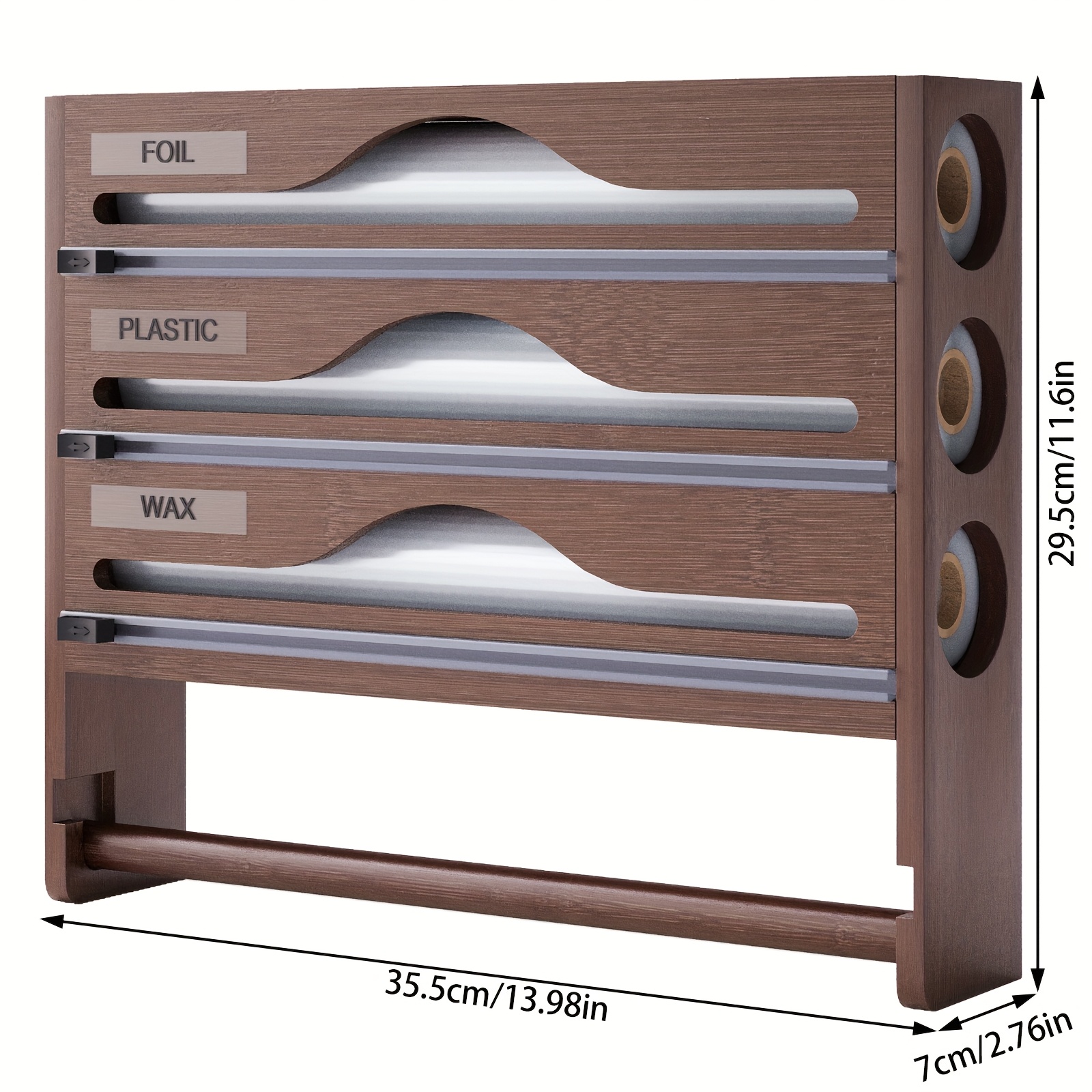 Image of 1pc Kitchen Brown Bamboo 3 Grid Plastic Combined With A Tissue Holder, Tin Foil, Garbage Bag, Seasoning Sorting Rack, Kitchen Paper Storage Shelf