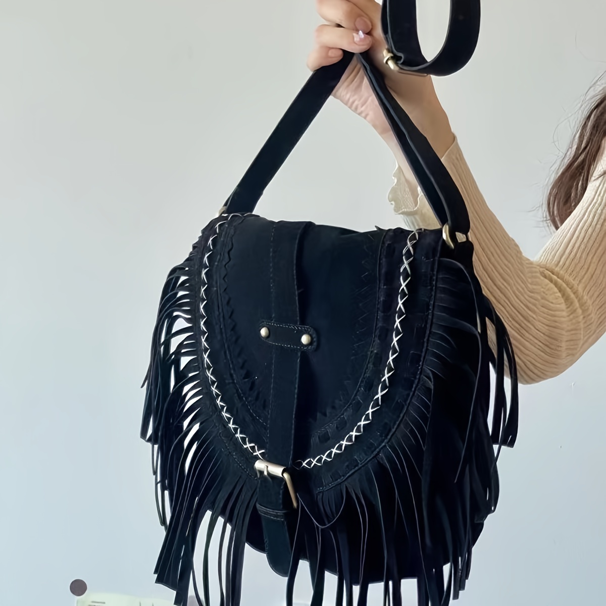 

Bohemian Fringe Crossbody Bag For Women, Retro Style Shoulder Bag, Versatile Saddle Bag With Tassel Detail, Beach And Casual Outing Purse