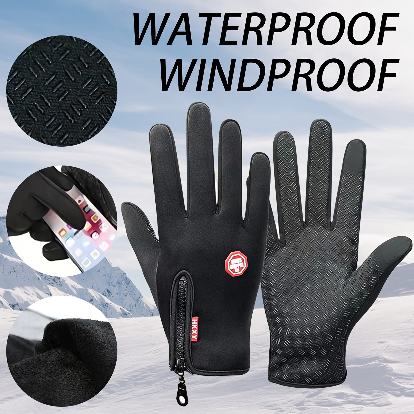 

1 Pair Waterproof & Touchscreen Winter Gloves - Warm, Anti-slip Grip With Zipper Closure For Outdoor Sports, Skiing, And Riding - Black, | Gloves|flexible Gloves