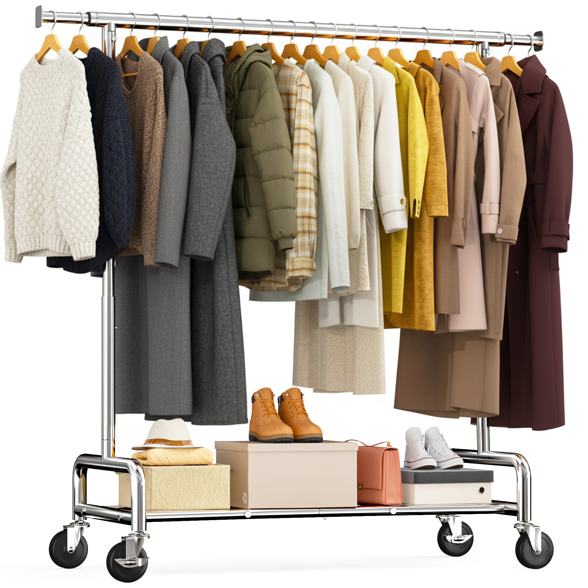 TEMU Heavy Duty Double Rail Clothes Rack, 285kg Industrial Clothing Rail For Bedroom With & Wheels, Hanging Rails Extendable Length & Height, Garment