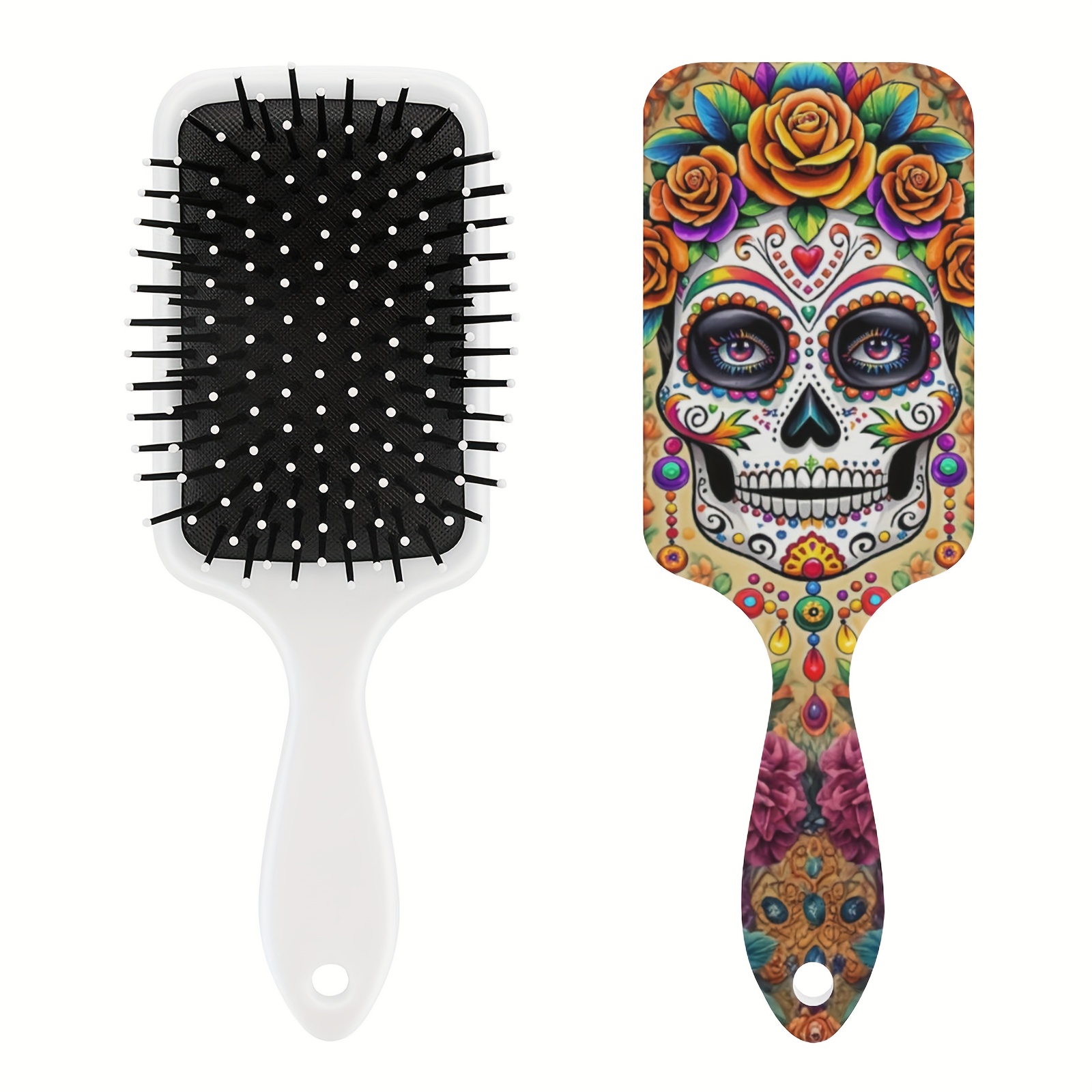 1 Peine con cojín de aire y patrón de calavera colorido, peine lindo para masaje del cuero cabelludo, antiestático, cepillo de pelo de agarre cómodo, peine de mango de ABS duradero, cerdas de nailon, adecuado para todo tipo de cabello, regalos ideales para Halloween, Día de Muertos mexicano