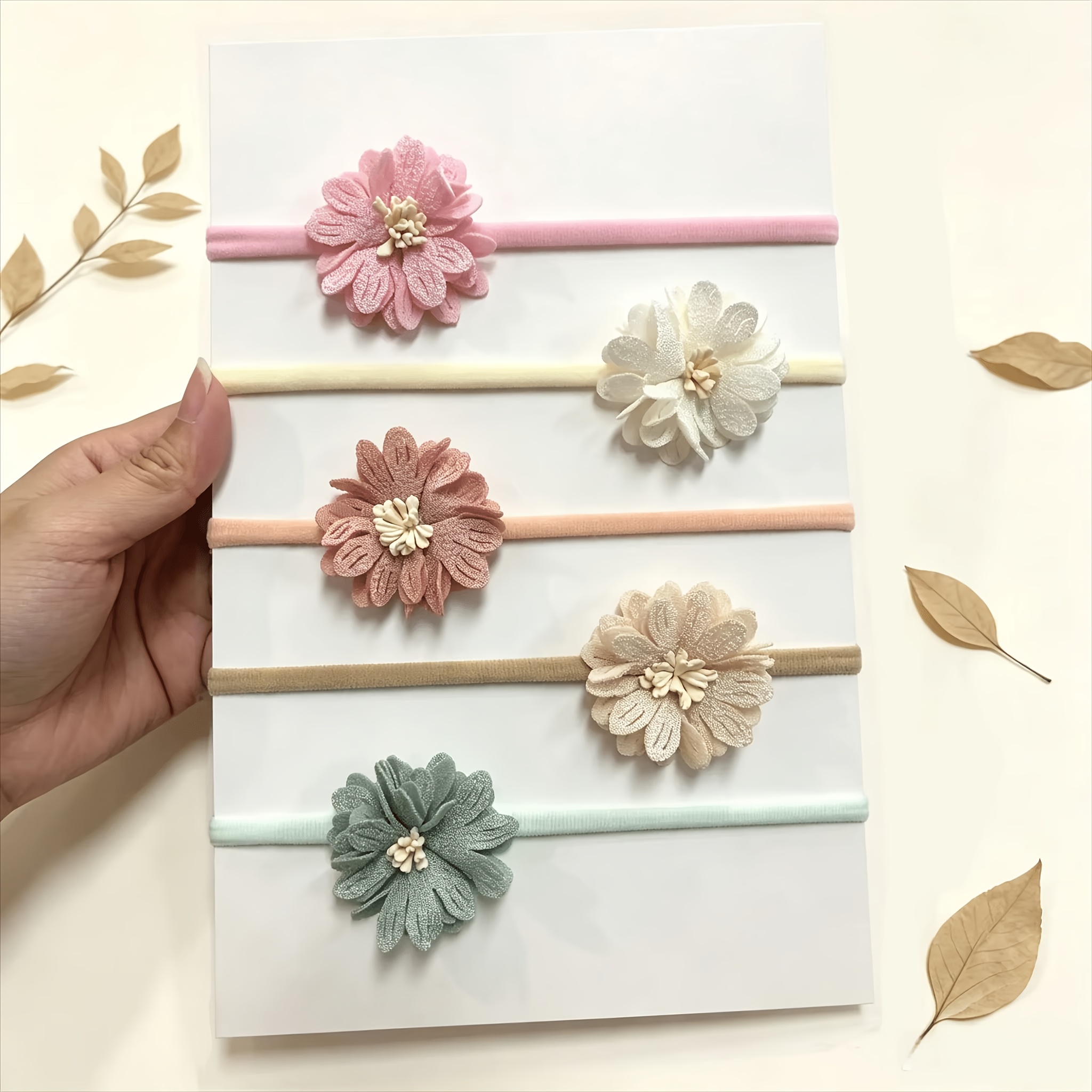 TEMU 5pcs Set Solid Color Flower Headbands, Elastic Hair Accessory Set, No Paper Card Included