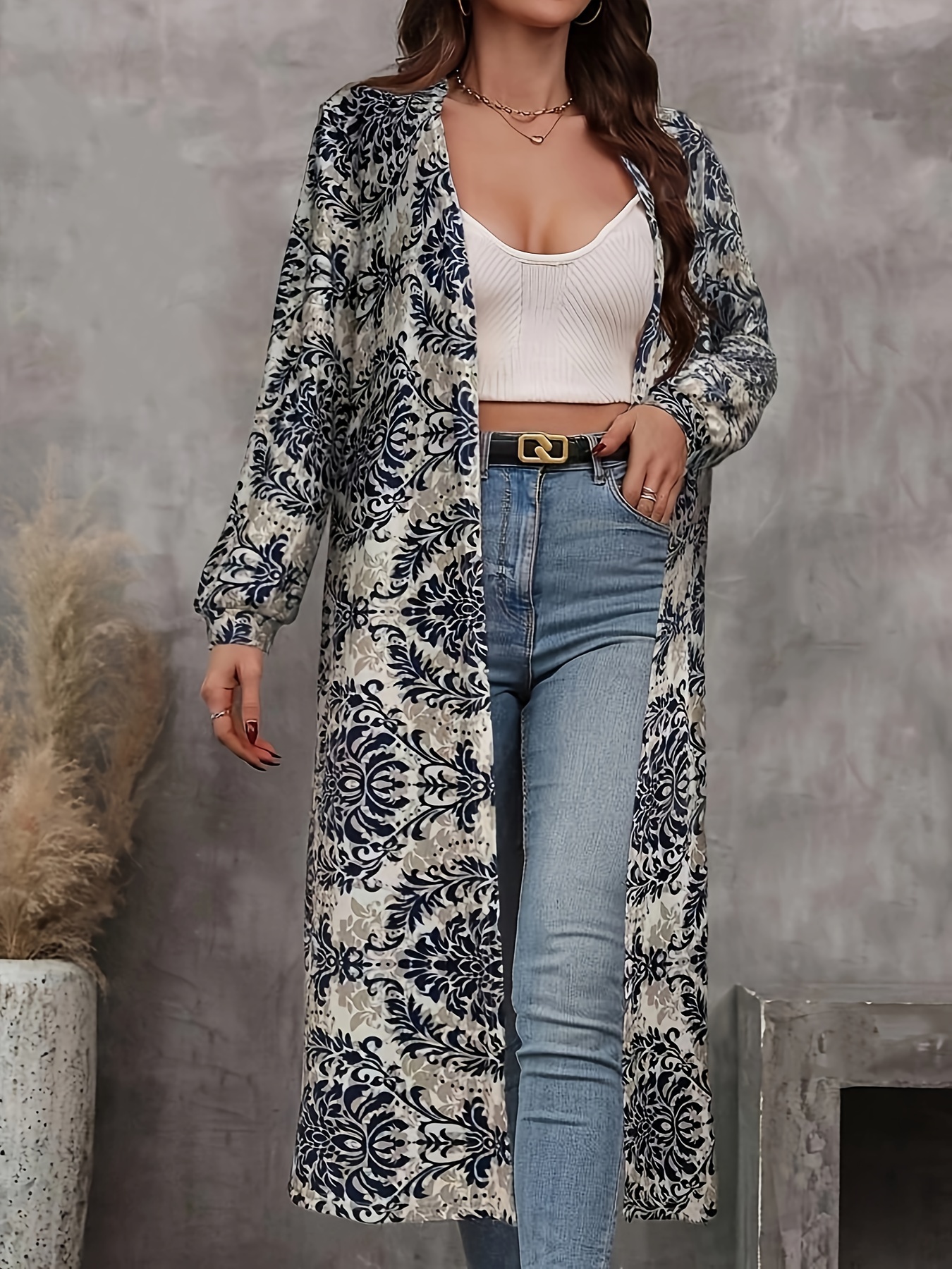 Vintage Graphic Print Open Front Duster Jacket Elegant Long Sleeve Loose For Spring Fall Women s Clothing