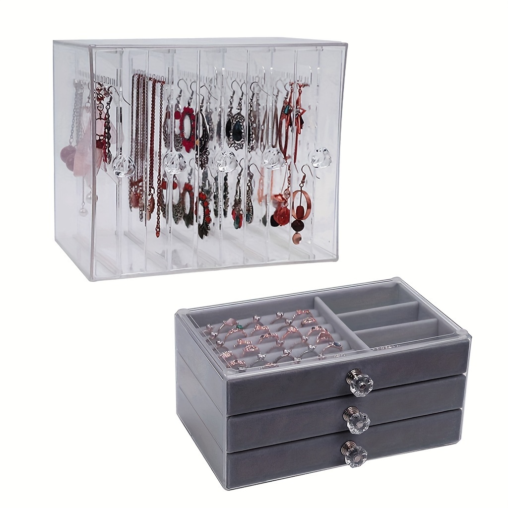 

1pc Acrylic Jewelry Organizer Box Set, Clear Earring Holder With 3 Drawers, Velvet Lining Necklace Storage, Transparent Jewelry Display Case For Dresser And Vanity