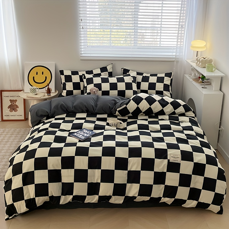 TEMU 4pcs Quilt Set (1*quilt Cover + 1*bed Sheet + 2*pillowcases, Excluding Quilt Core), Black And White Plaid Printed Bedding Set, Soft And