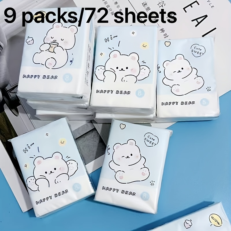 Image of 9 Packs, 72 Sheets Of Little Bear Handkerchief Paper Portable Small Bag Facial Tissue Toilet Paper Napkins