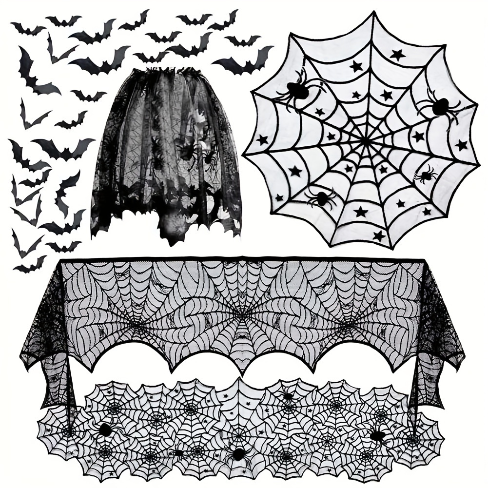 

4 Pcs Decorations Tablecloth Runner Black Lace Round Spider Cobweb Table Cover Fireplace Mantel Scarf Spiderweb Fireplace Scarf Spider Lampshade With 60pcs Scary 3d Bat For Party