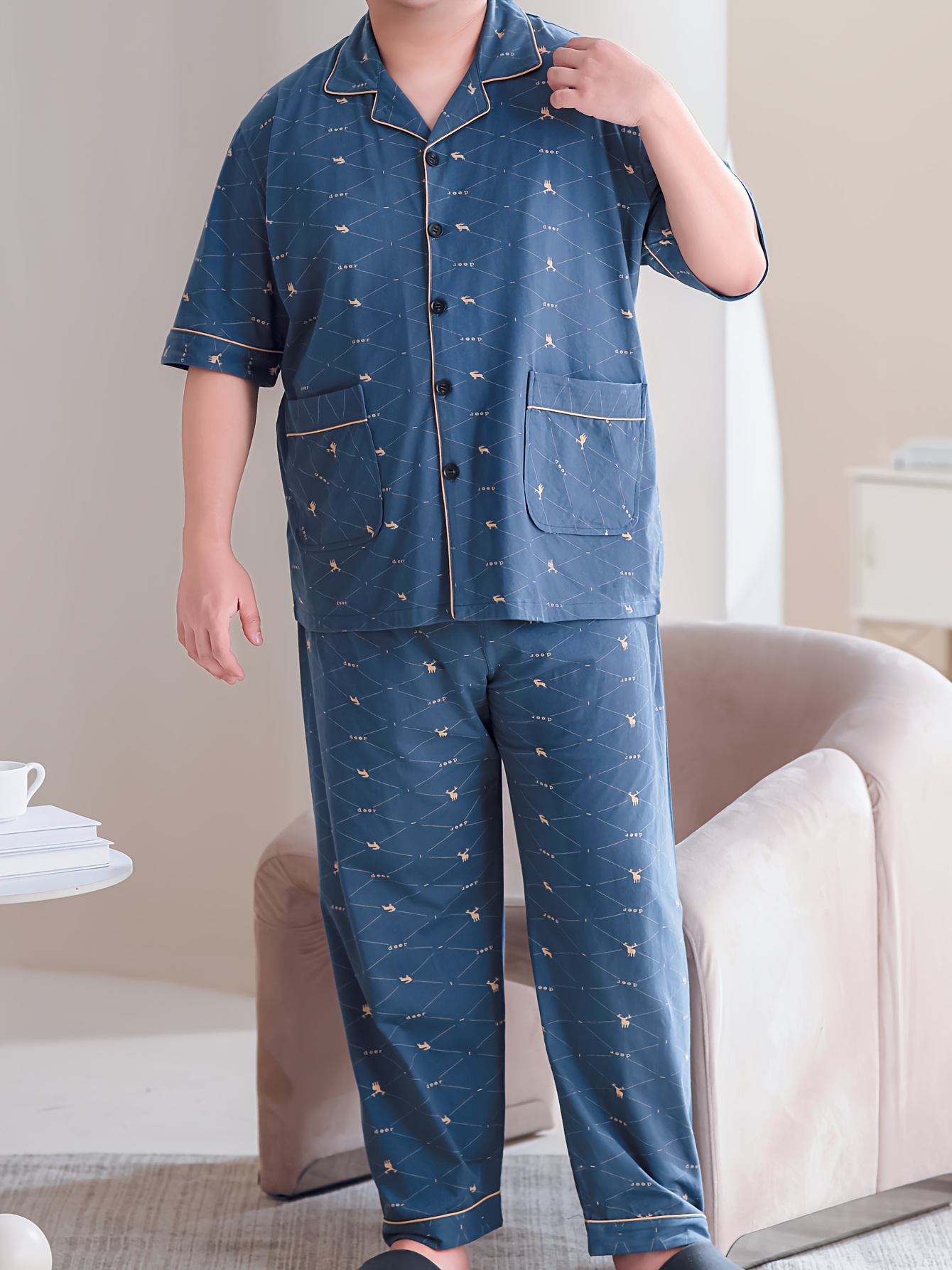 Plus Size Men's 100% Cotton Lapel Cardigan Short Sleeve Long Pants Loungewear, Soft Comfortable Breathable Home Wear, Fits Up to 154.22 KG, PLUS SIZE