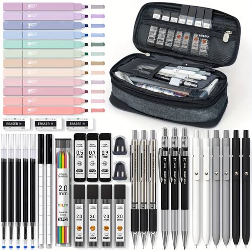 four candies 45pcs school supplies with pen case 6 black ink gel pens 6 art mechanical pencils set 12 highlighters stationery college essentials black