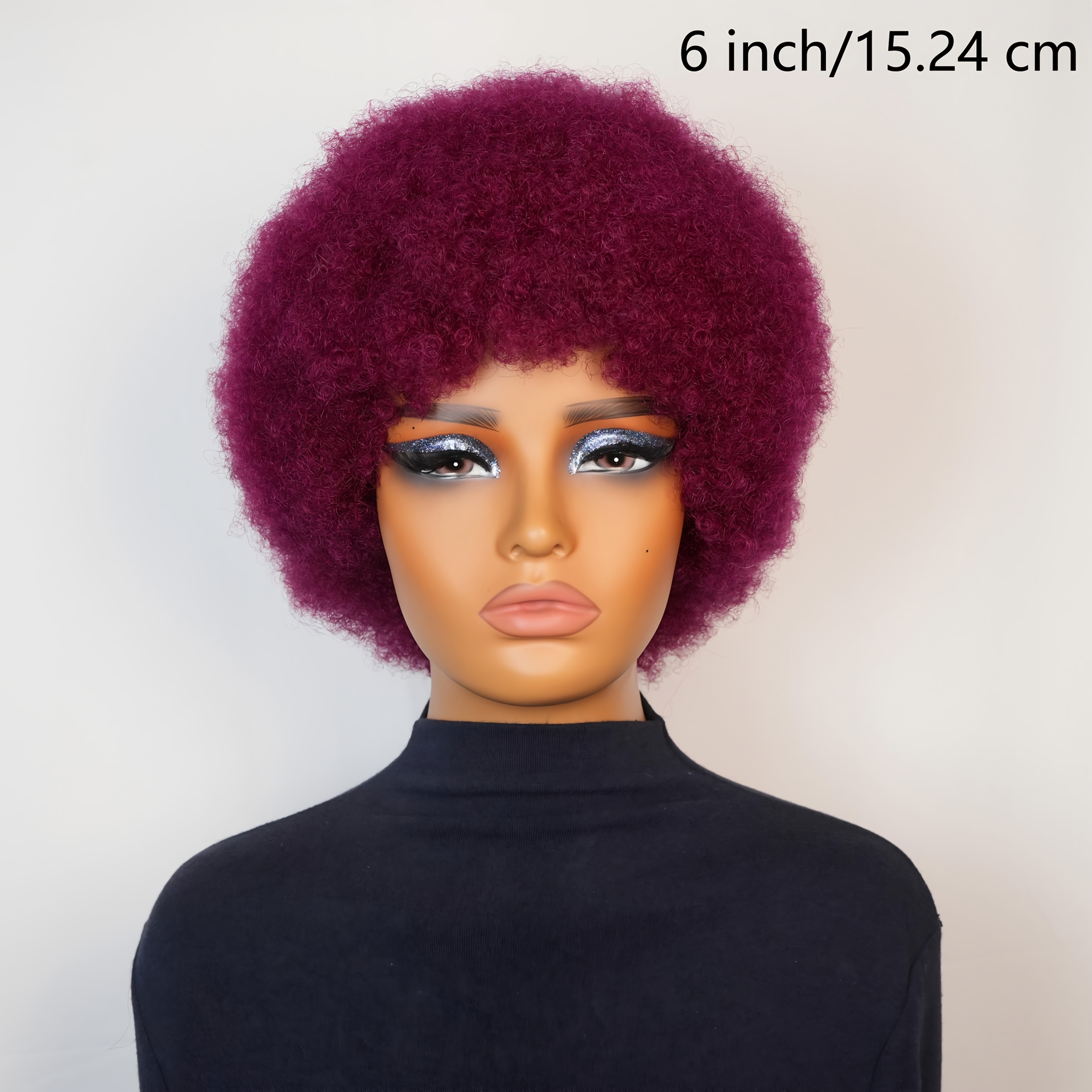 Image of Afro Wig Made From Brazilian Human Hair, Featuring A Short Curly With 200% Density, A Cap, And Bangs. This Full Machine-made Hairpiece Is Perfect For Christmas Parties, Music Festivals