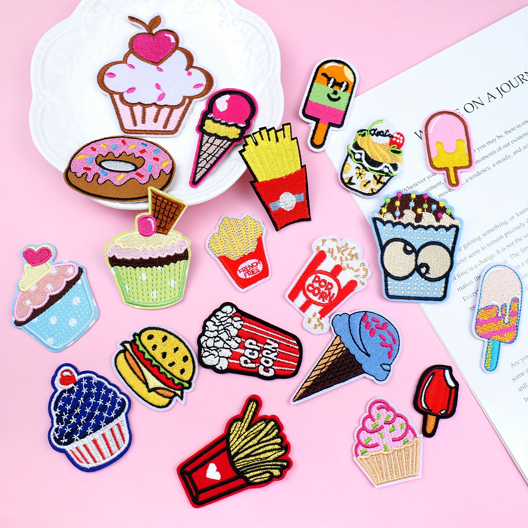 20pcs Snacks Embroidered Patches, Ice Cream, Burger, And Popcorn Shapes, Clothing Decorative Patches