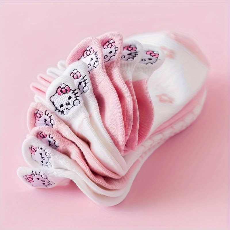 

5 Pairs Pink Hello Kitty Socks, Cute Jk Style Embroidery Ankle Socks, Women's Stockings & Hosiery