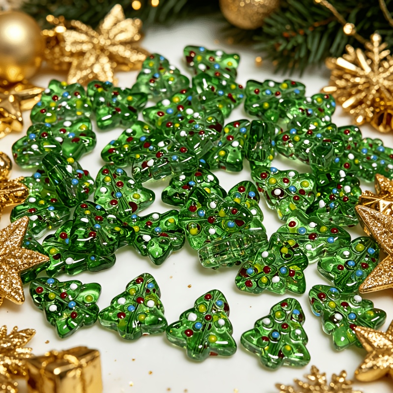 TEMU 16 piezas, Cuentas de vidrio de árbol de Navidad verde estilo , Regalo con bolsa para almacenamiento, Regalo artesanal para las fiestas