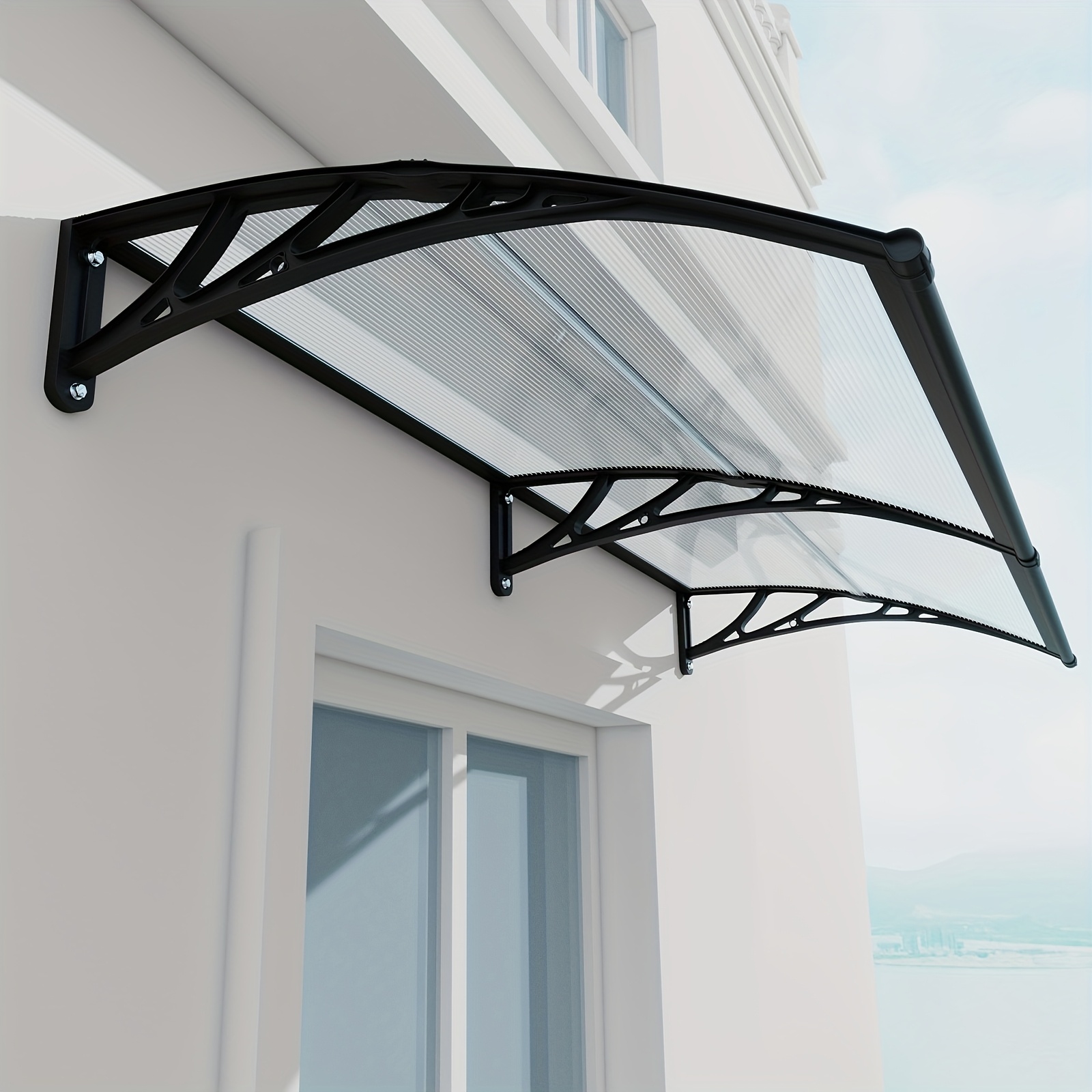 item picture Window Awning Door Conapy Polycarbonate Patio Cover Awnings UV Rain Sunlight And Snow Cover Protection Eazy Installation, Suitable for Windows, Doors And Garage Roofs Outdoor Hollow Sheet Black ABS Bracket/Transparent Board, Open in new tab.