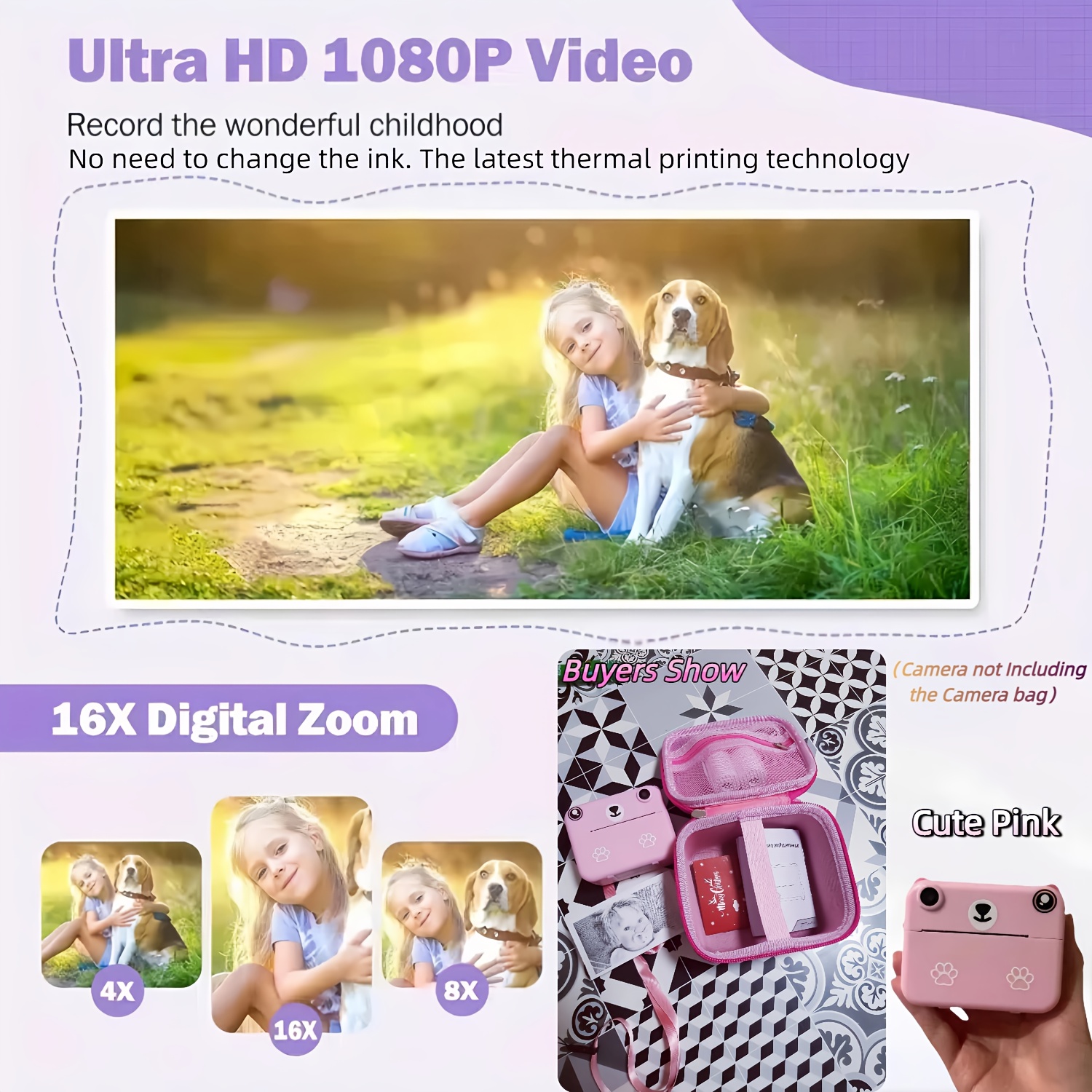 Kids Mini Portable Instant Thermal Printing Camera with 1080P HD