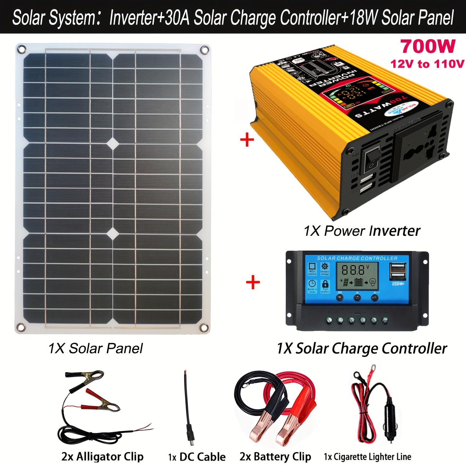 Solar Panel Converter, 300Watt Portable Solar Kit, Weatherproof DC 12V to  AC 110/220V 30A Solar System Complete Kit with Solar Charge Controller 