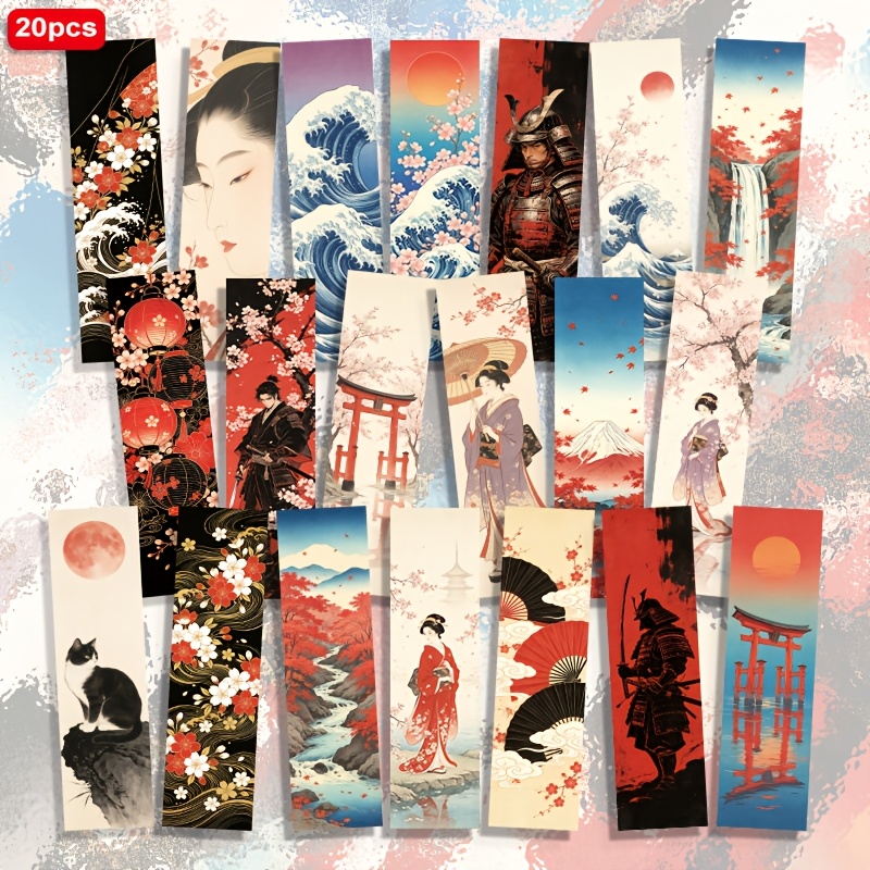 TEMU 20pcs Japanese -e Style, Wave Torii , Cherry Scenery, Cat Pattern 1.5in X 5.9in 2d Printed Paper Bookmarks, Daily Reading Markers, Book