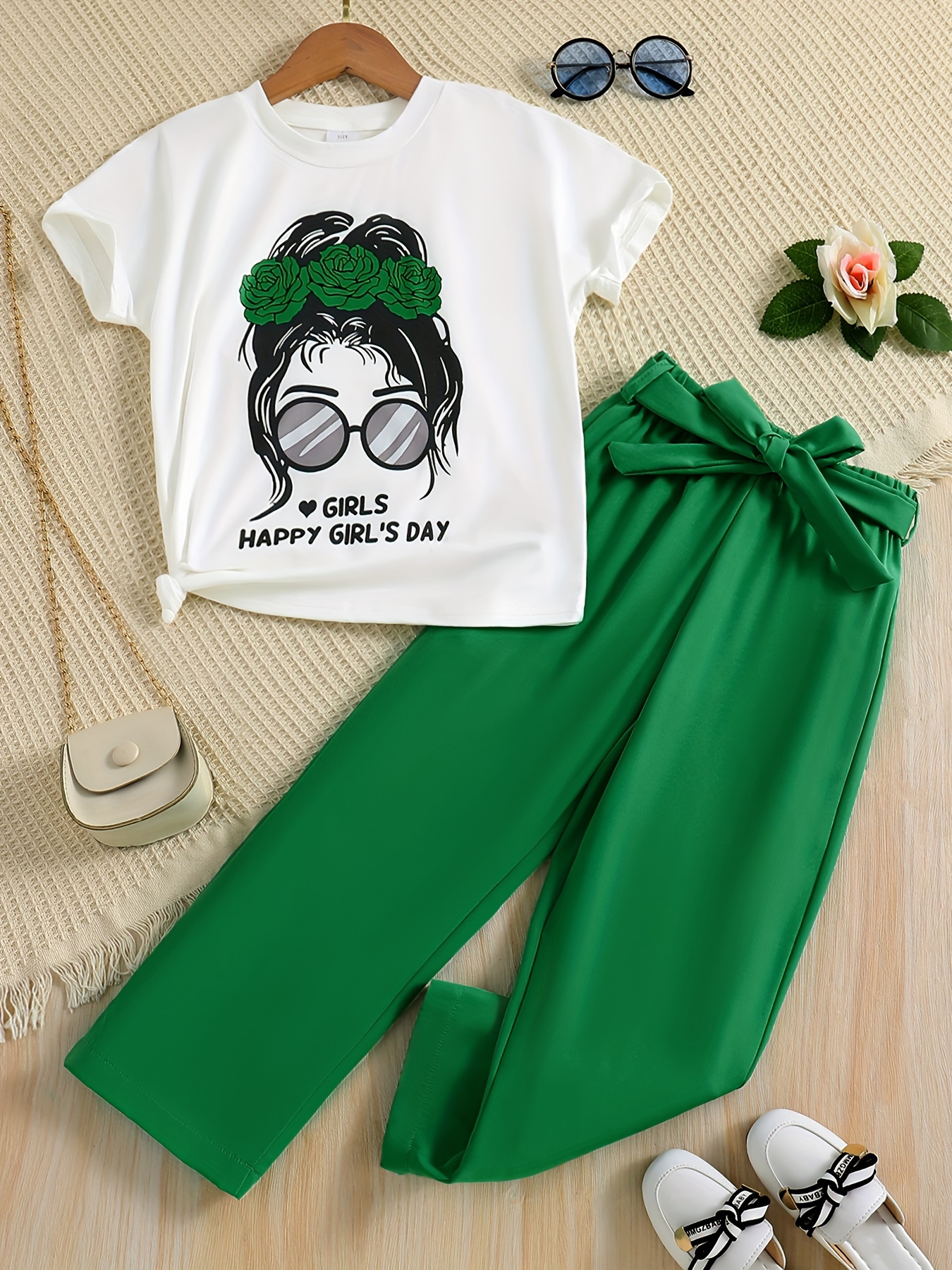 2PCS Casual Cartoon Girl Graphic Short Sleeve T-Shirt Top + Wide Leg Pants Set For Girls Summer Party