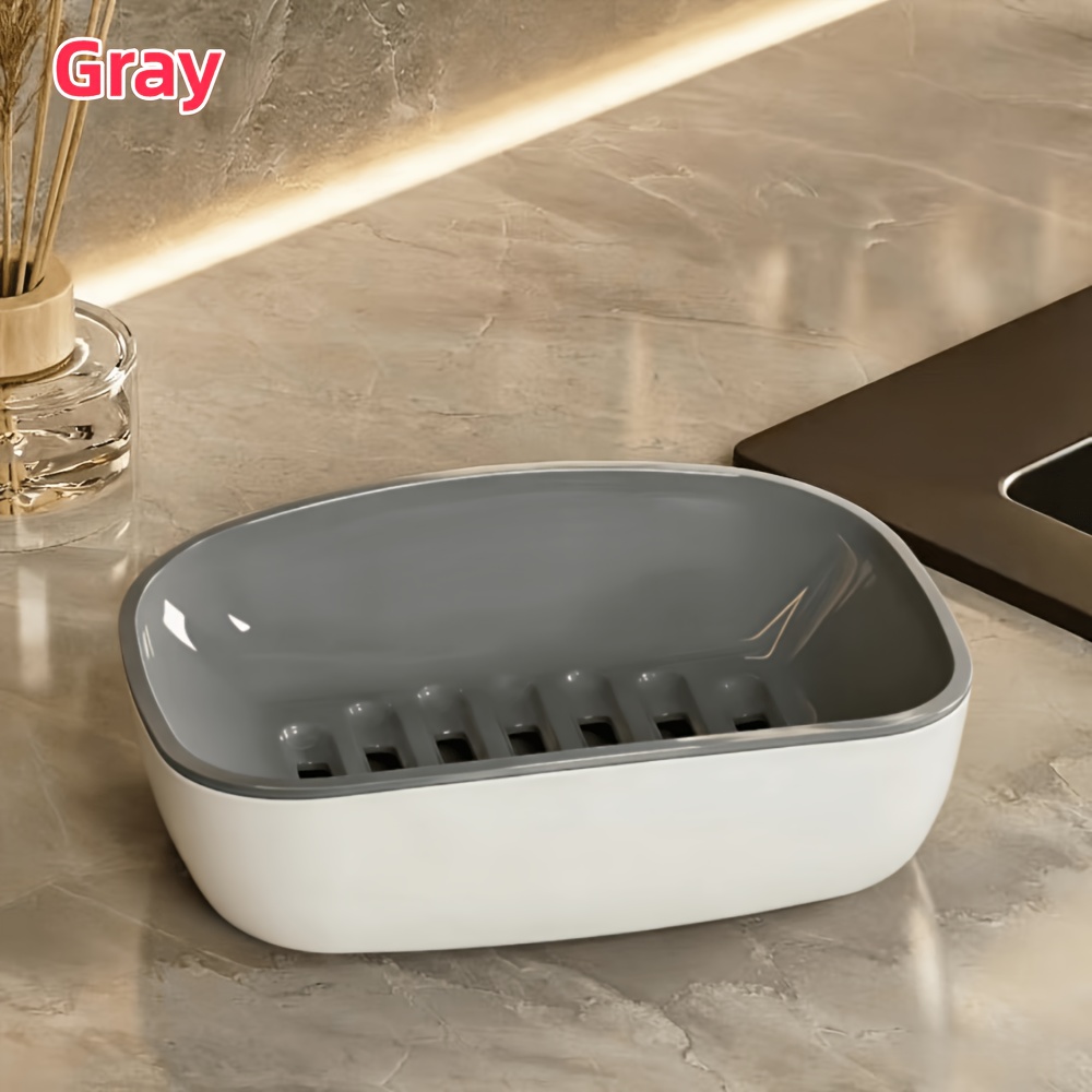 Image of 1pc Plastic Drain Soap Dish, Countertop Soap Holder, Gray And White Contrast, Suitable For Kitchen, Bathroom, Fits Sizes Of Soaps