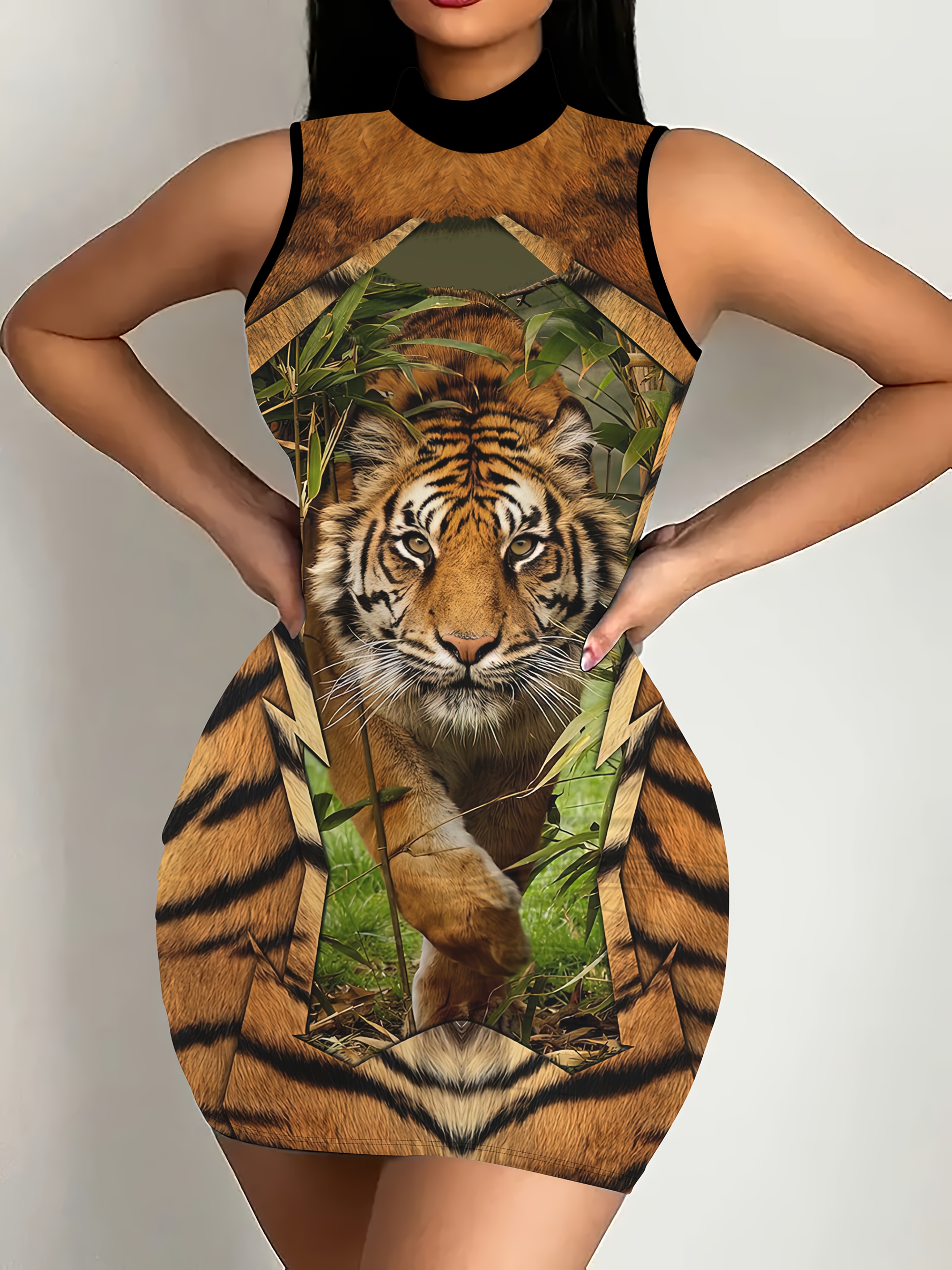 tiger bodycon dress chic 3d pattern high neck women season Beach Dresses Aliexpress Summer collection:work-dresses Elevate your wardrobe with color:Dark Green
