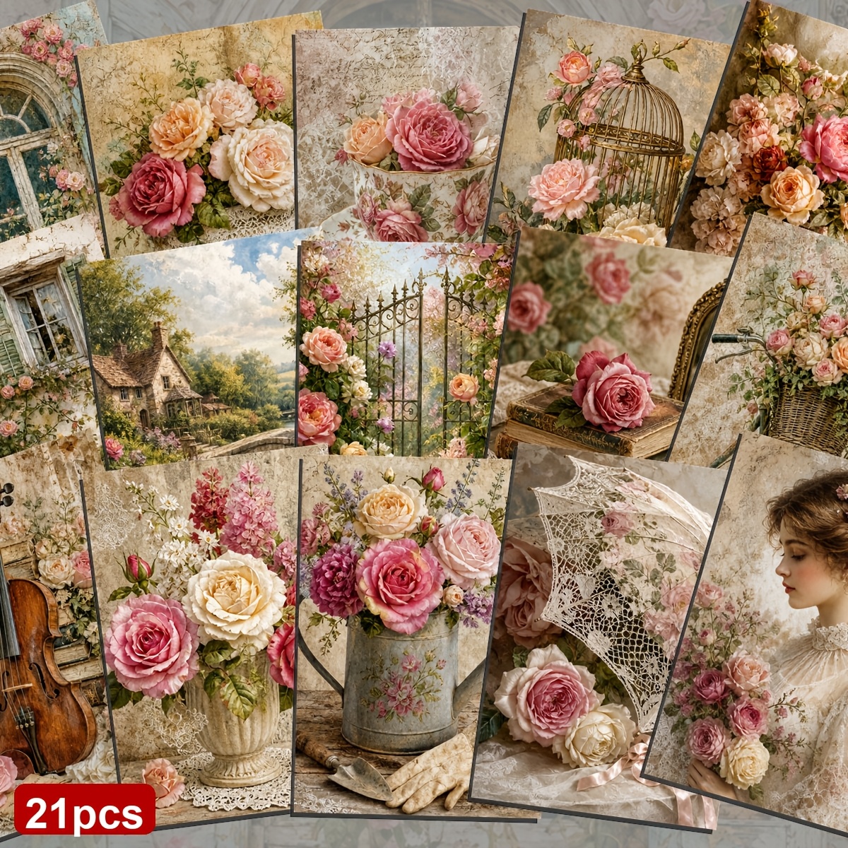 TEMU 21-pack Romantic Vintage Floral Arrangements Decorative Paper Postcards - 9.5x14.5cm Vintage Junk Journal Paper, Elegant And Detailed,