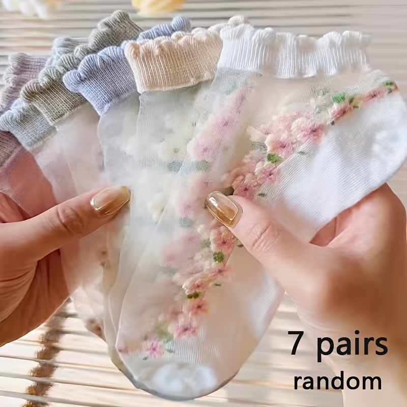 TEMU Random 7-pair Women's Thin Spring/ Lace Crystal Breathable Cassette Socks - Soft, Comfortable, And Breathable Fabric - Essential For /outdoor