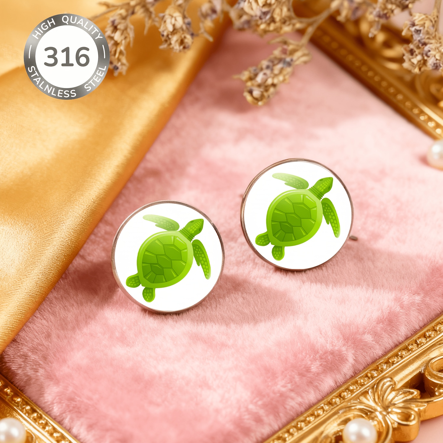 2pc Green Sea Turtle Non-Pierced Earrings Set, Fun Ocean Design